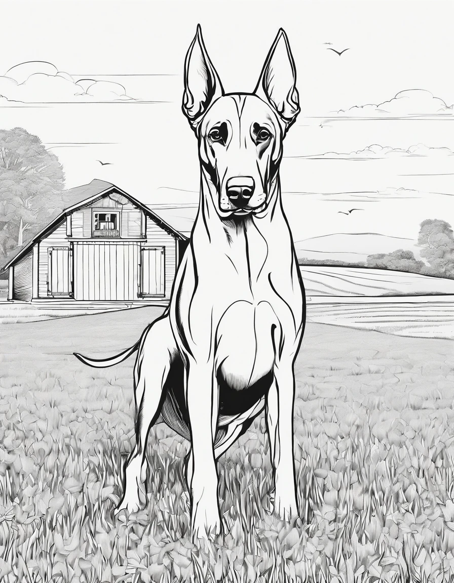 Doberman pinscher in a field with a barn in the background , for coloring page, high quality, black and white, no shading