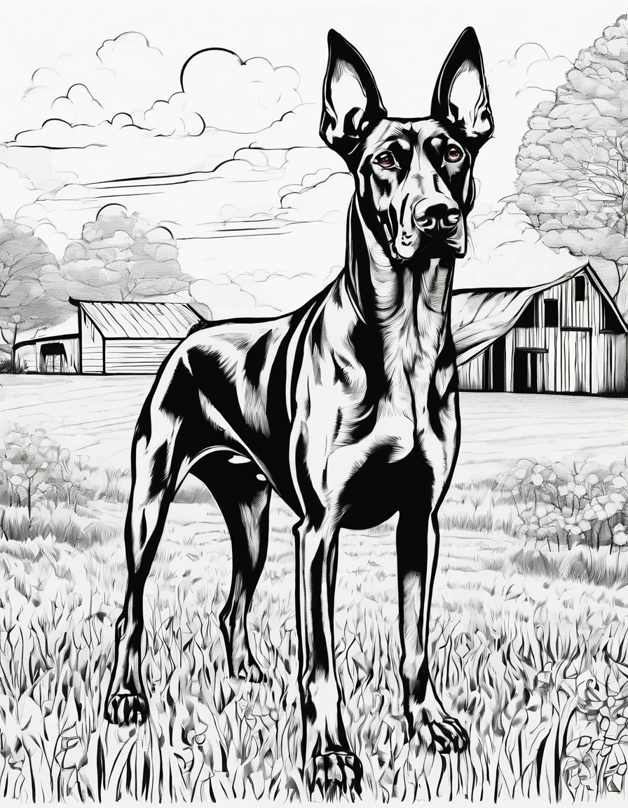 Doberman pinscher in a field with a barn in the background , for coloring page, high quality, black and white, no shading