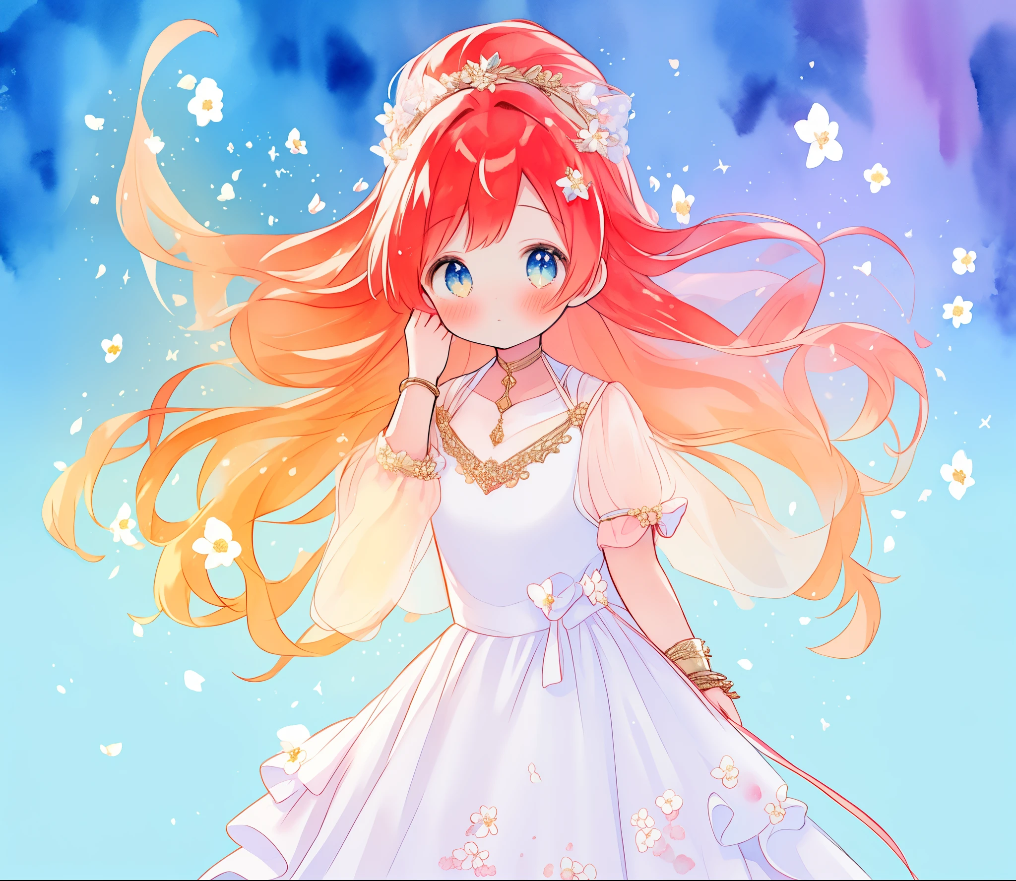 beautiful girl in sparkling white ballgown, puffy flowing ballgown, sheer fluttering sleeves, sparkling layered ballgown, long red gold hair, colorful fantasia background, delicate white flowers in her hair, watercolor illustration, beautiful, masterpiece, best quality, no pupil eyes, cute