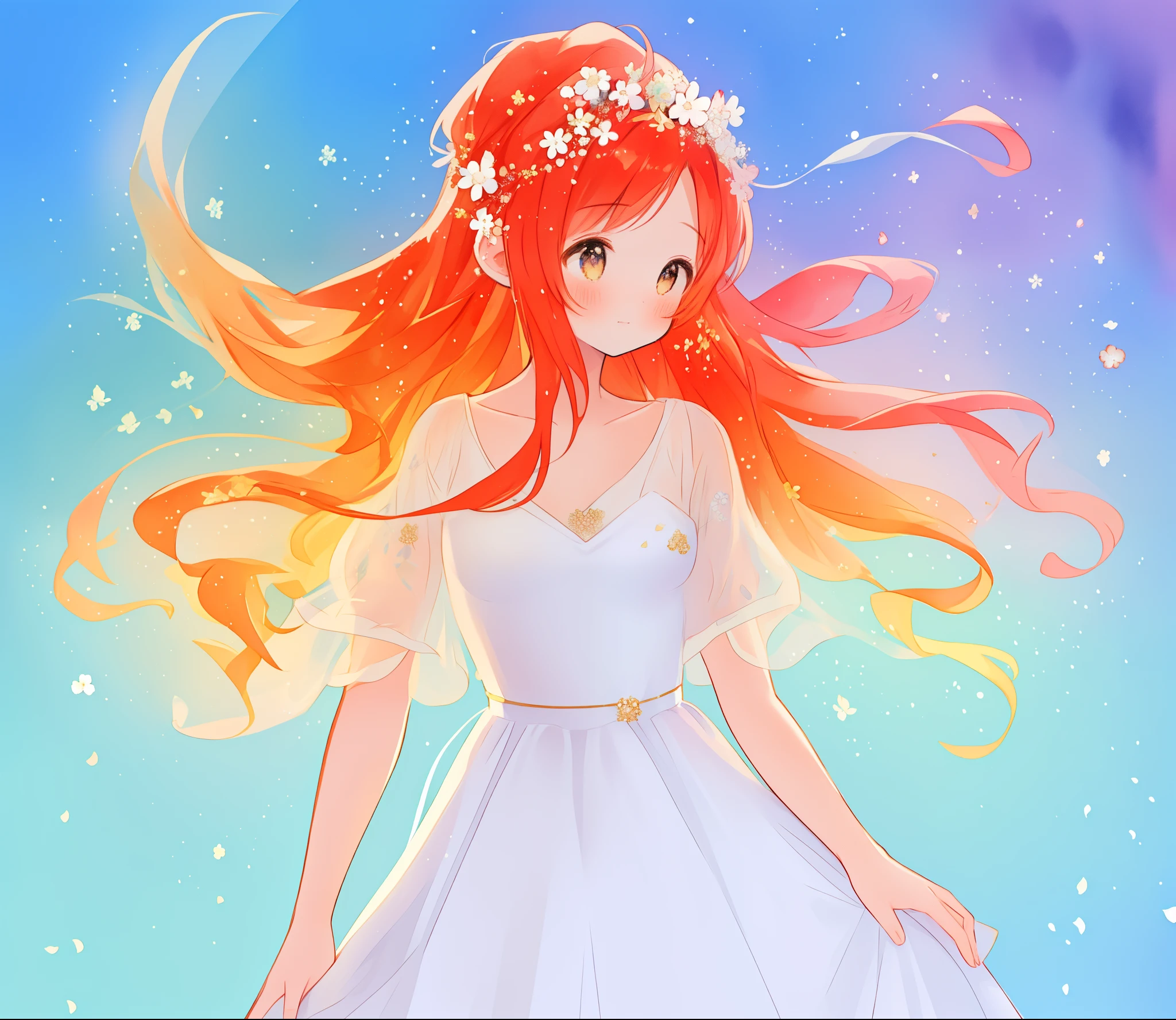 beautiful girl in sparkling white ballgown, puffy flowing ballgown, sheer fluttering sleeves, sparkling layered ballgown, long red gold hair, colorful fantasia background, delicate white flowers in her hair, watercolor illustration, beautiful, masterpiece, best quality, no pupil eyes, cute
