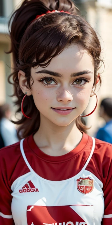 Photo of a 15-year-old European girl, .RAW, beautiful woman, (Light brown hair with ponytail hairstyle ), peinado de cola de caballo ((retrato)), ((Cara detallada:1.2)), ((Detailed facial features)), (Piel finamente detallada), uniforme de basquetbol color rojo , banda roja y blanca al rededor de la cabeza, calzado deportivo con pecas en mejillas y pecho ,parque, Noria de Londres、ropa reveladora , erotic clothes、senos grandes , pechos grandes , gran sonrisa (cool color), humid, humid, Reflectores, (Masutepiece) (proporciones perfectas)(fotos realistas)(La mejor calidad) (Detallado) fotografiado con una EOS R5 de Canon, Lente de 50 mm, f/2.8, NffSW, (8k) (papel tapiz) (cinematic lighting) (Dramatic lighting) (foco nítido) (Enrevesado) , cuerpo completo, hermoso cuerpo de mujer , pose de juego