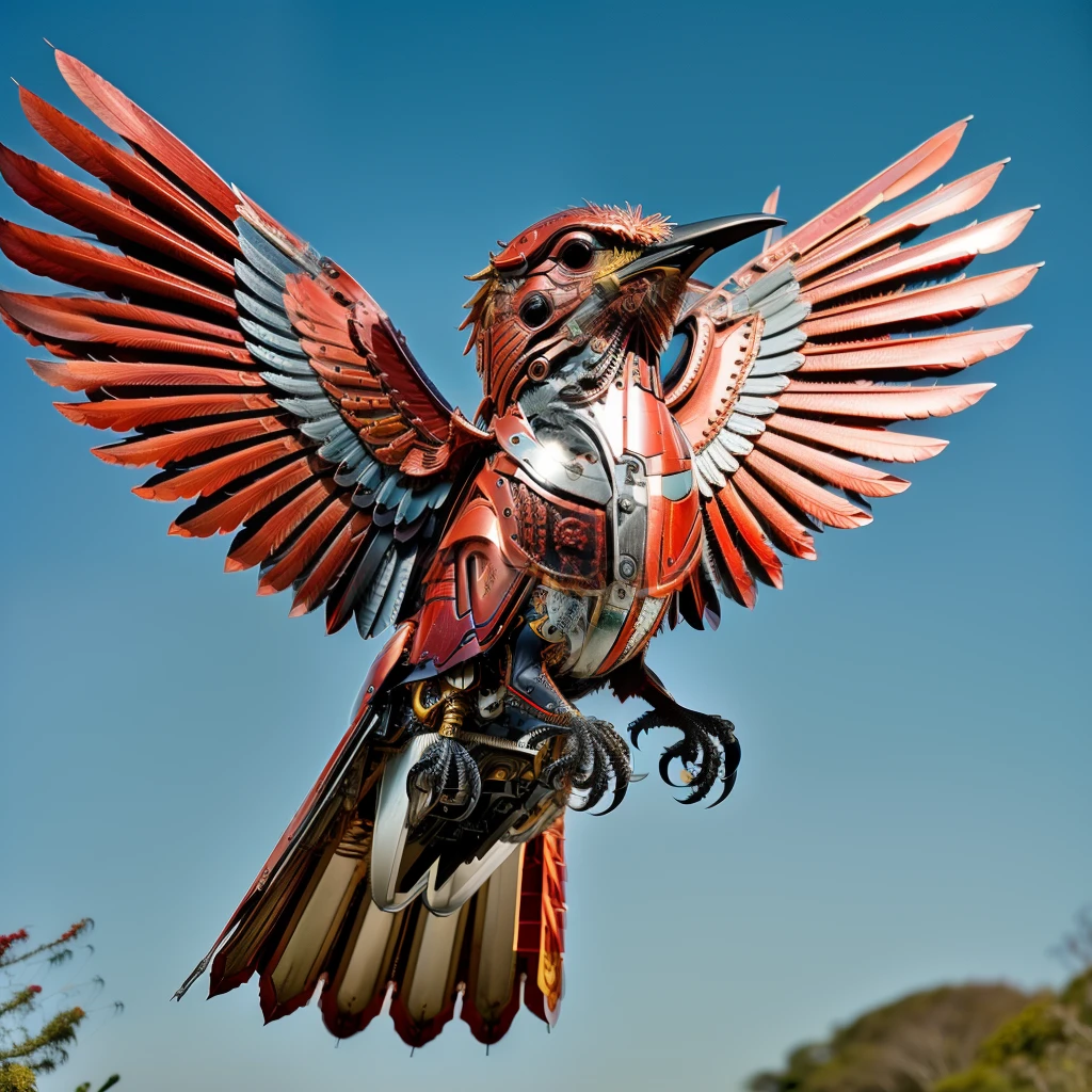 ((master part)), ((best quality)), 8k, alto detalhamento, ultra-detalhado, Um (vermelho:1.3) mechanical phoenix, selva