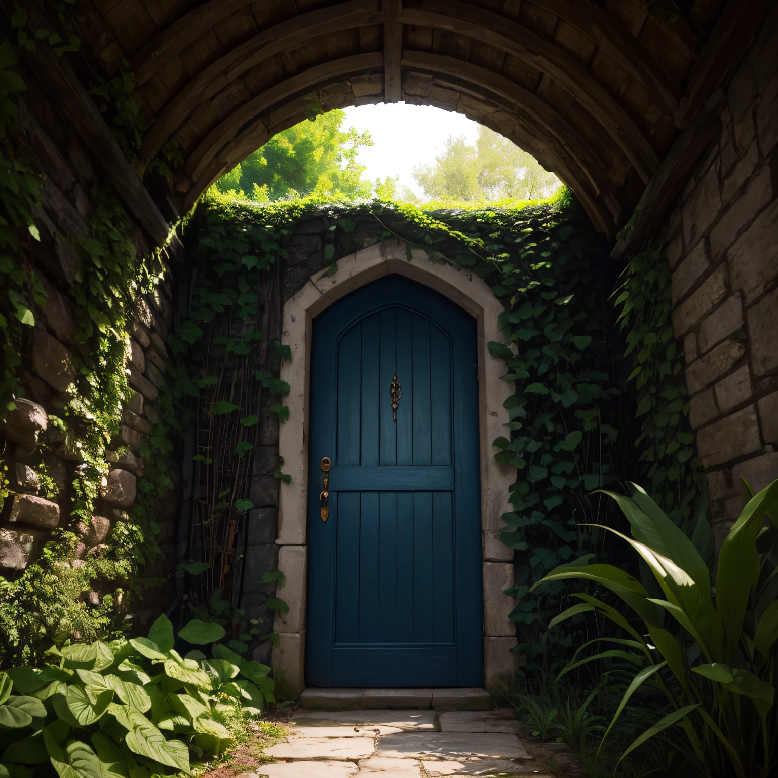 Secret door, overgrown with plants, medieval and dark style, dark blue hue and saturation