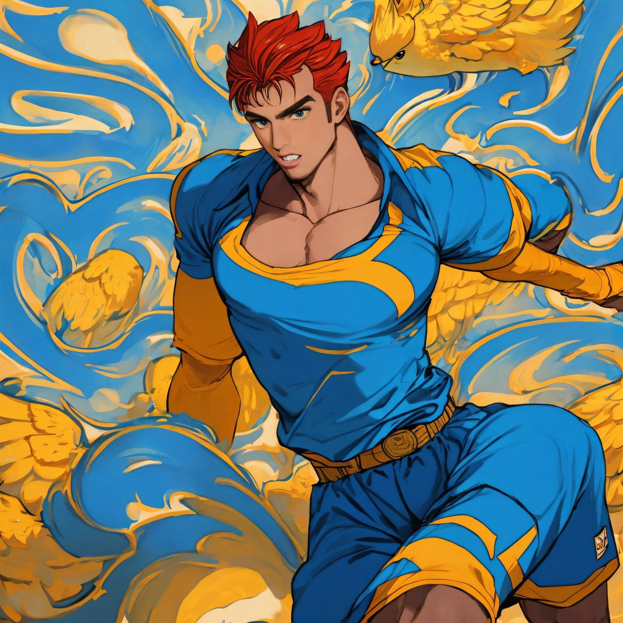 Super homem comendo frango
Usando camisa de futebol azul vermelho
Branco