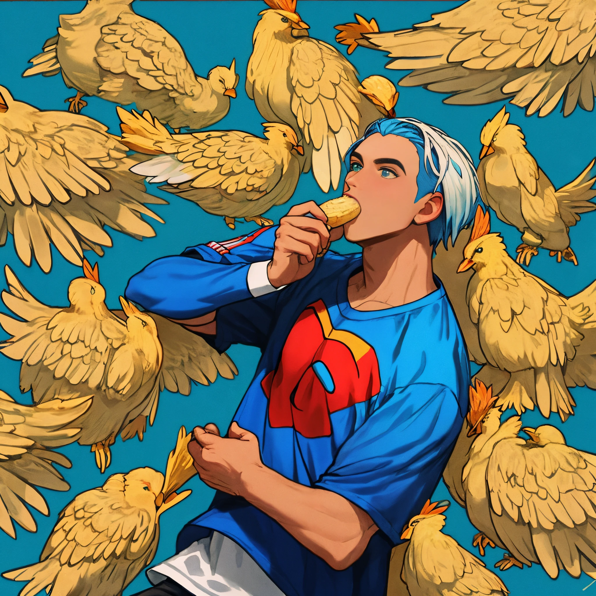 Super homem comendo frango 
Usando camisa de futebol azul vermelho 
Branco
