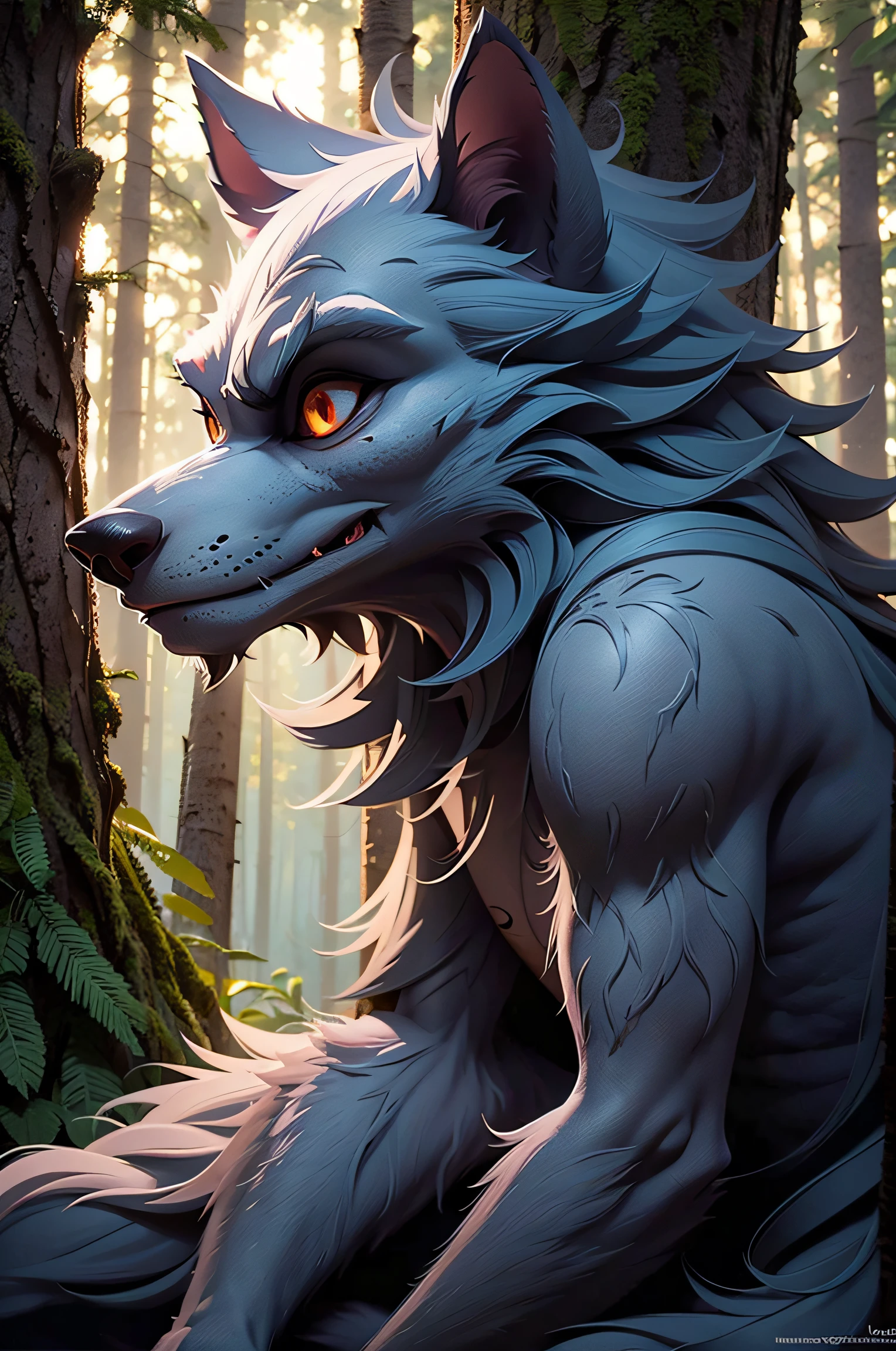 (a)menacing,gray werewolf,watching from the trees,hungry,Summer Forest,Disney style,(Best Quality,hight resolution),(full length,Concept Artists),Vivid colors,Warm tones,(soft,diffused lighting)