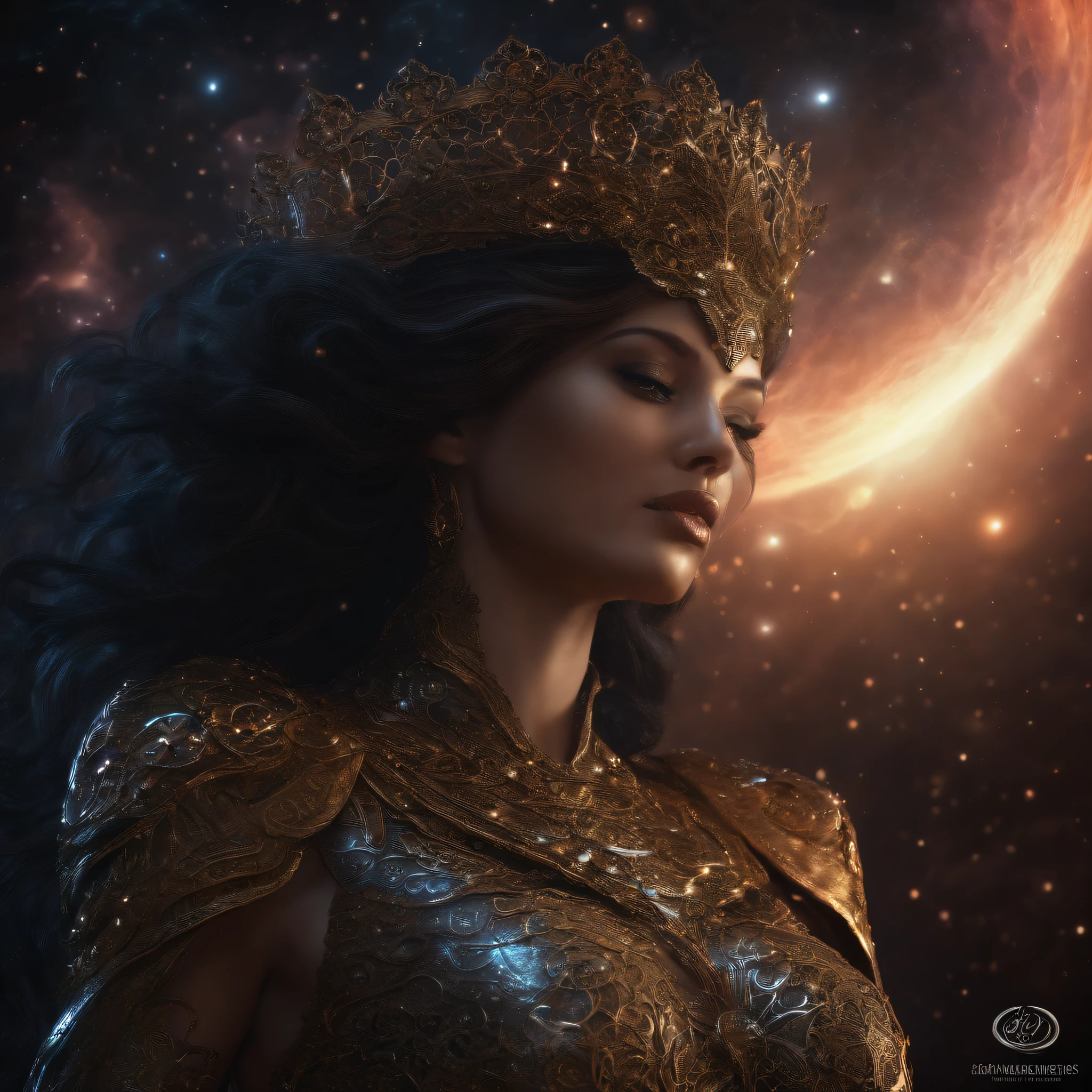 3d perspective Metaverse Woman body, of eternity artifact  Holly souls item  a highly-detailed dark fantasy masterpiece illustration by seb mckinnon; deep colors, intricate detail, backlight,  trending on artstation, volumetric light , cosmos style, stars clouds, black holes,
