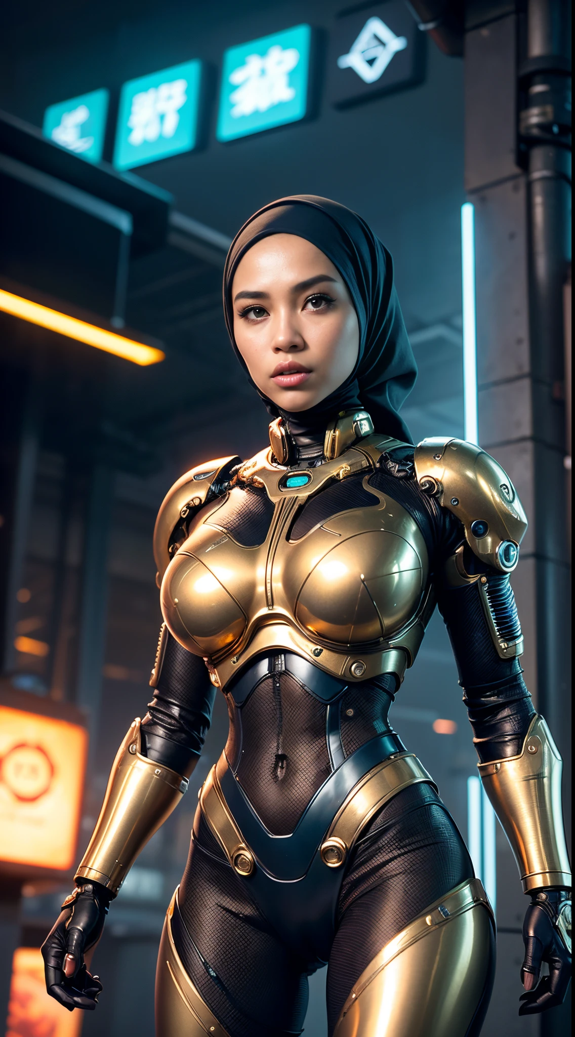 ((1 cyborg malay Girl in hijab)),photorealistic:1.4), (very intricate:1.2)>, 1girl, solo, cyborg malay girl wearing hijap, (((cyborg:1.4))), cyborg girl, cyborg armor, cyborg clothing, beautiful eye details, fine details, bright pupils, turquoise eyes, full body, big breasts:0.8 , (((floating hijap))), looking at the audience, point of view, female focus, dynamic pose, dynamic angle, close up, fighting stance, fighting pose, running forward, sprinting,(((gold metallic color | metallic color red | blue metallic color))),(((Metallic luster, metallic reflective, mechanical details, highly mechanical details, complex mechanical structure))), (((Mirror Power Armor, fallout 4, fallout))),
defeated, corpses, bloody, battlefield, mechanical background, giant robots in the background, outdoors, cinematic lighting, Cyberpunk world. Cyberpunk metropolis, neon, Sci-fi style, sfw:1.98,