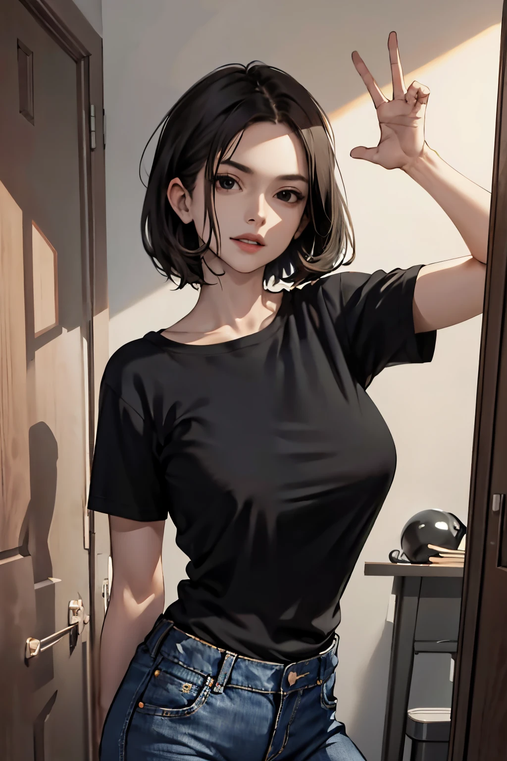 (masterpiece:1.2, best quality), 1milf, solo, black shirt, jeans, front door, standing, short hair, upper body, big tits, short sleeves, black eyes,