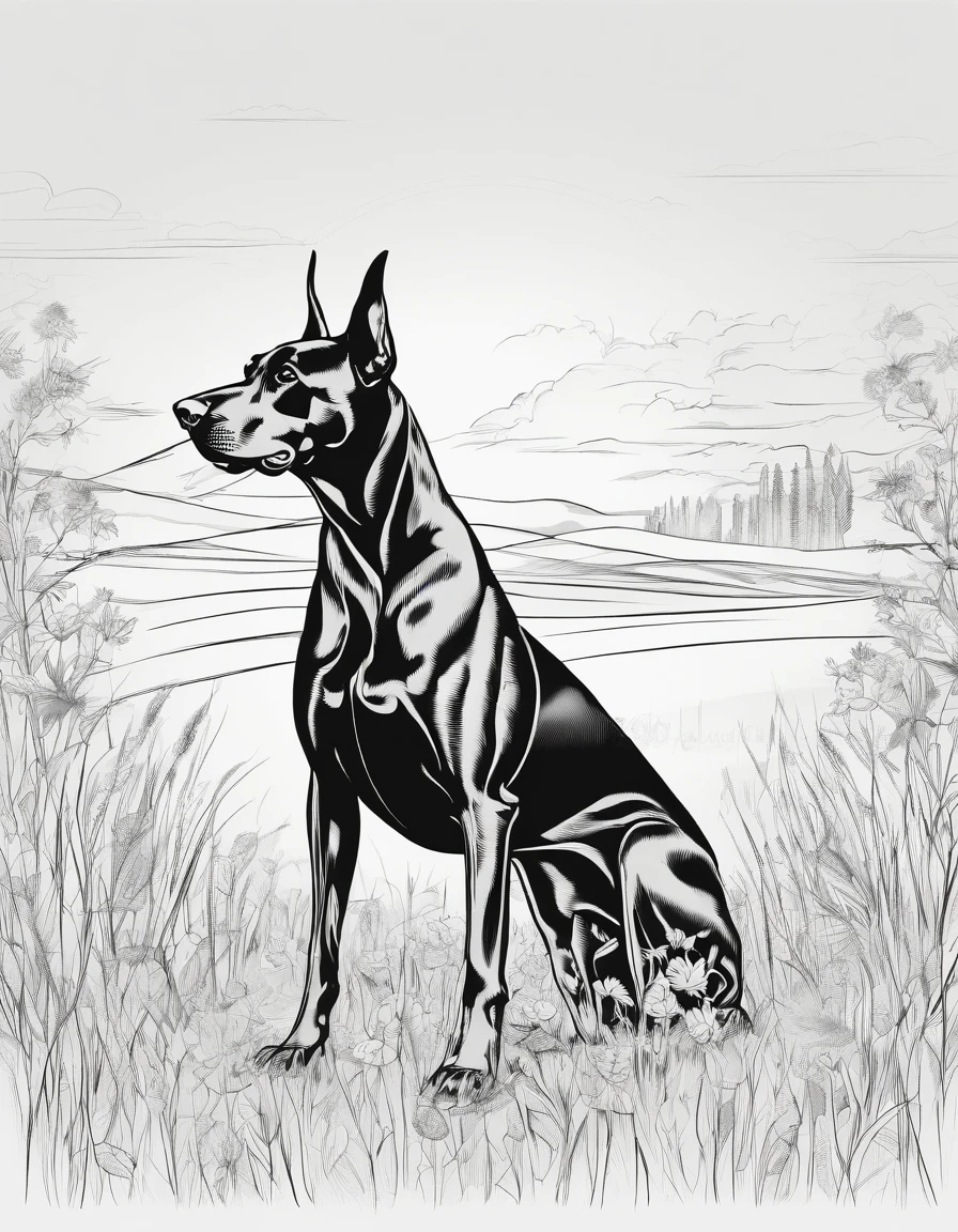 Doberman pinscher in a field, for coloring page, high quality, black and white, no shading