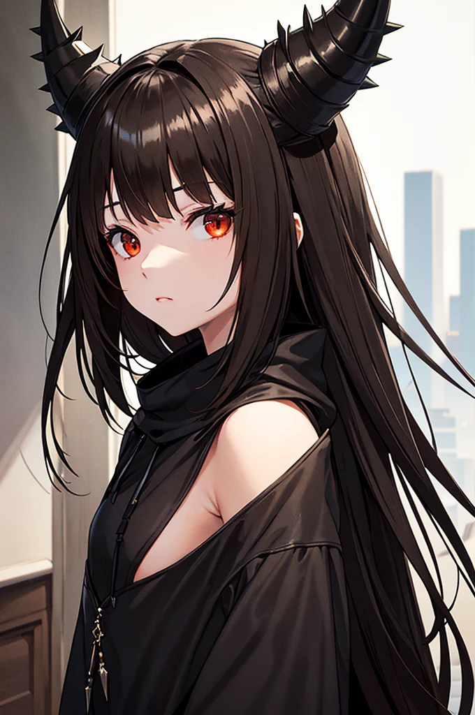 A brown haired girl with black hoodie and black plants. She has sharp black horns on her forhead, she has a red eye betweenn her eyes on her forehead. she has a spikey black tail. Everything is really detailed. and the horns ar really tall and long and sharp.