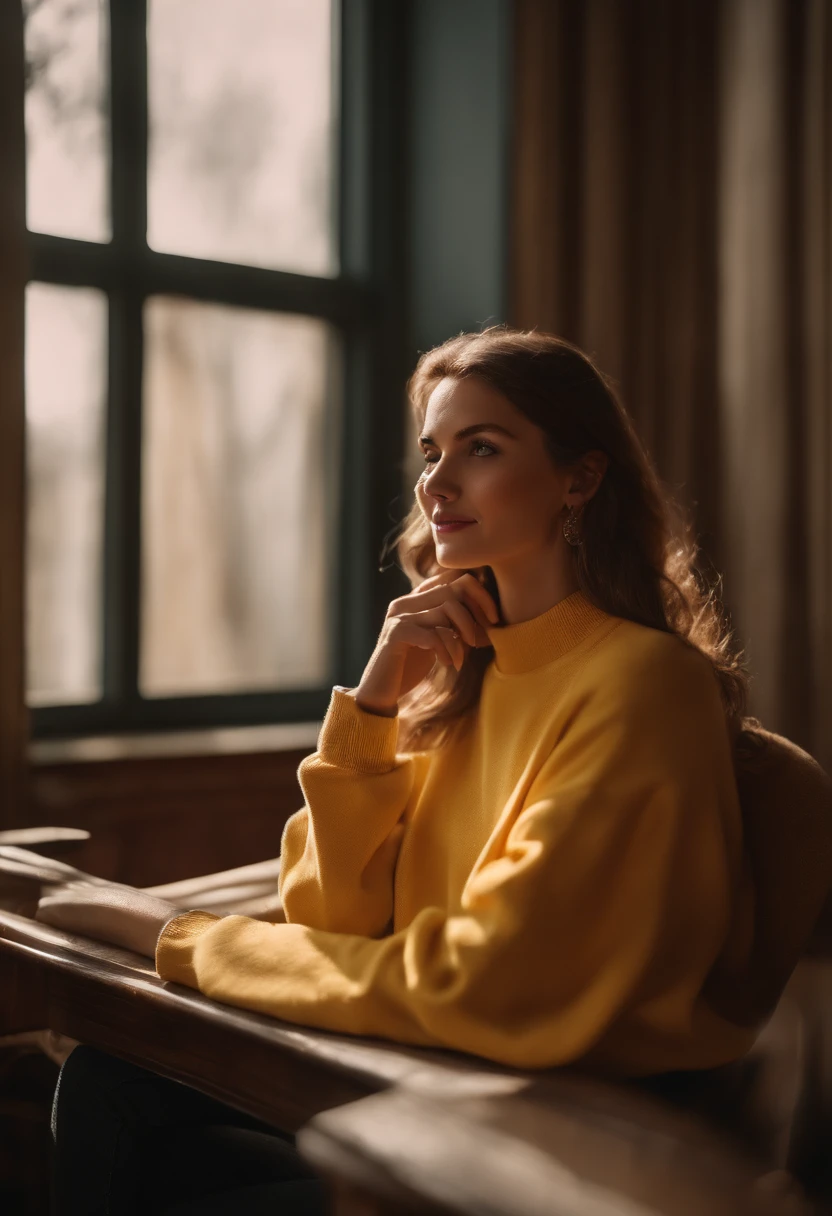 (Masterpiece: 1.3), (8K, Realistic, RAW photo, Best Quality: 1.4), Yellow sweatshirt 3d model, Depicting beauty, Best Quality, High Resolution, Masterpiece, best detail, 8K, made in a soft style, dreamy quality, feminine exuberance, Matte Photo, without inscriptions and logos