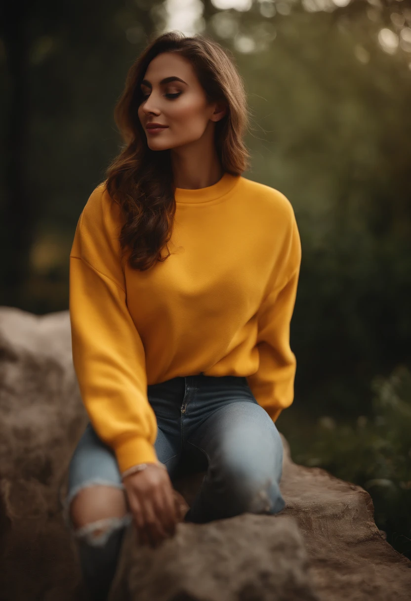(Masterpiece: 1.3), (8K, Realistic, RAW photo, Best Quality: 1.4), Yellow sweatshirt 3d model, Depicting beauty, Best Quality, High Resolution, Masterpiece, best detail, 8K, made in a soft style, dreamy quality, feminine exuberance, Matte Photo, without inscriptions and logos