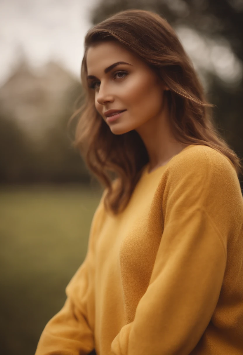 (Masterpiece: 1.3), (8K, Realistic, RAW photo, Best Quality: 1.4), Yellow sweatshirt 3d model, Depicting beauty, Best Quality, High Resolution, Masterpiece, best detail, 8K, made in a soft style, dreamy quality, feminine exuberance, Matte Photo, without inscriptions and logos