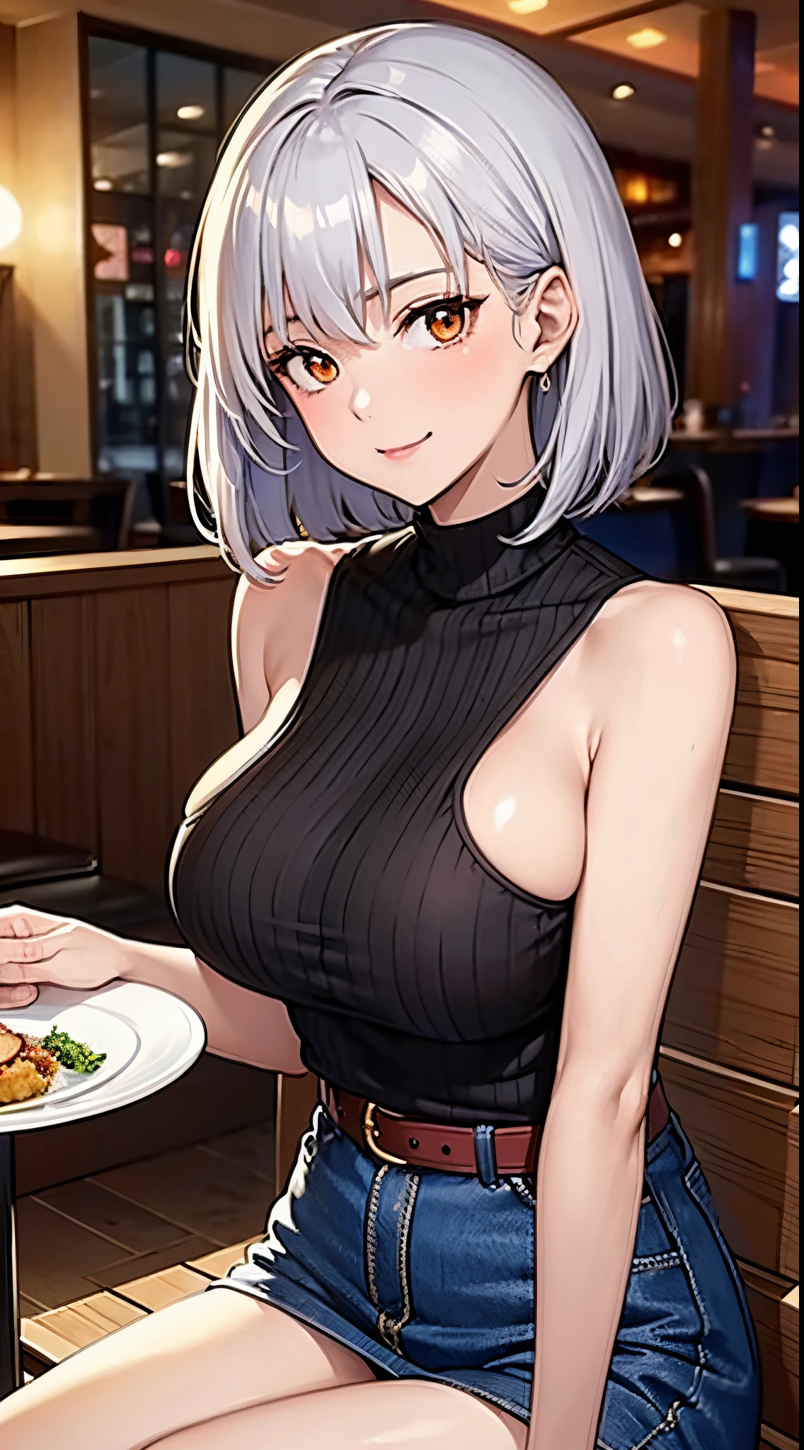 A MILF, femele, large full ???????, huge-breasted, ????? Enormes, maturefemale, heavy ???????, Short hair, (silber hair), Fair-skinned woman, Orange Eyes, big butts, Curved waist, ????? placed on the table, Put your chin on your hand, put your shoulders on the table, , look at viewr, sweater bra end, Sensual neckline, peitos fartos, ????? larger than head, Face Madura, curvaceous woman, thick thight, voluptuous woman, Black belt, Delicate gloves, Introducing brass strap, Soft ???????, Women's value, Mom's ???????, mommy, A charming expression, imposing woman, high-waisted jeans, fabric sweater, bulli, Sitting on a chair in a restaurant, meeting, One-person viewpoint, in front of suitors, Bobo's smile, Mind on the head, plate with food on the table, Candle lighting, In an elegant restaurant, Glass of wine on the side, Sitting in front of the viewer, (Sitting at a table in a restaurant), upperbody shot, Partially visible body, Crowded restaurant in the background, during night, Romantic mood, silber hair