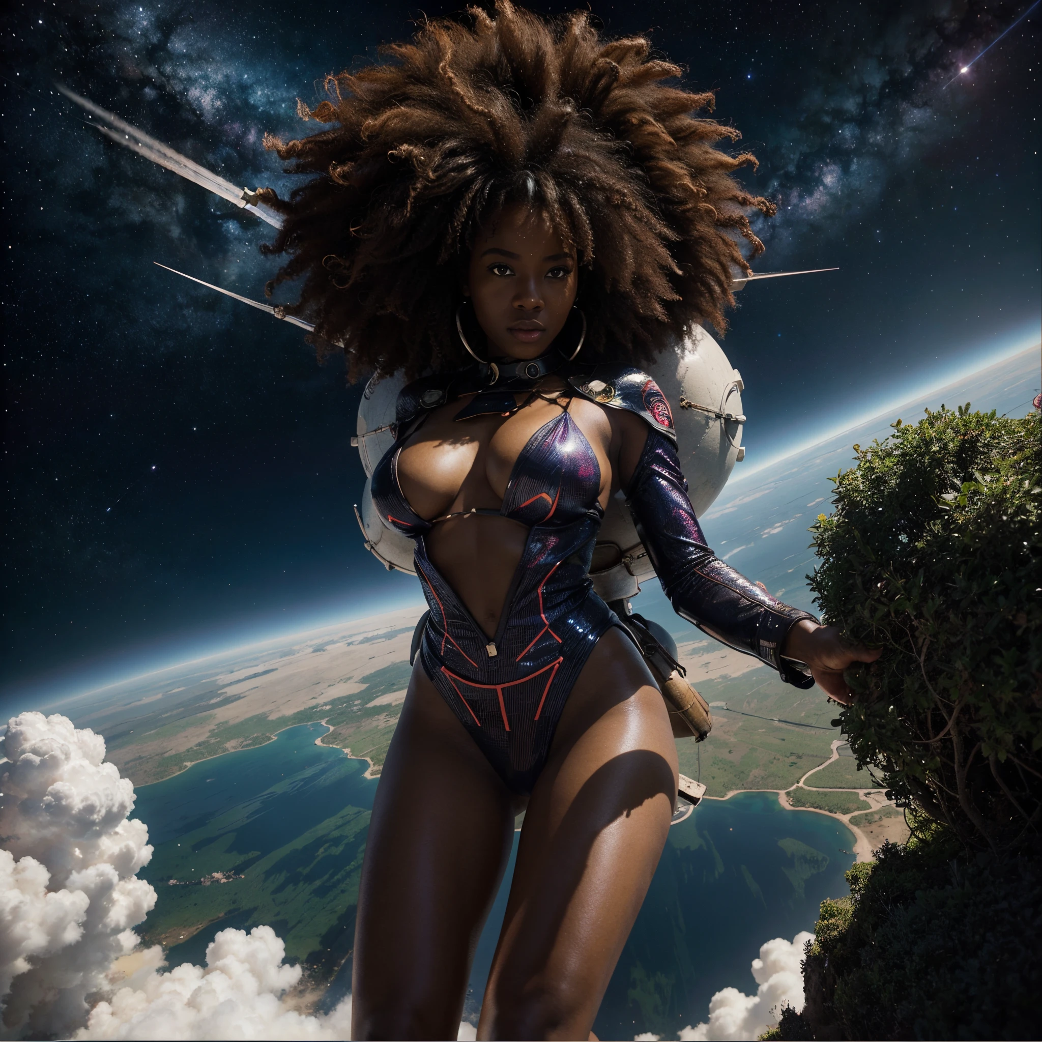 afro-anime art POV shot of African woman in an ascending rocket ship, leaving earth, sci-fi art, cosmic art, afro anime style, black anime, 32k, ultra HD,