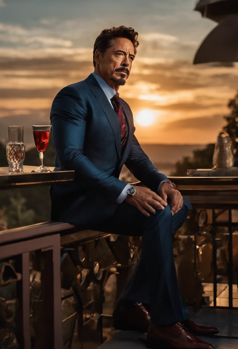 A photo of Tony Stark relaxing on his balcony, sipping a drink and enjoying the sunset.,Marvel Cinematic Universe,Stark is typically depicted as handsome and stylish, with neatly groomed facial hair, a sophisticated sense of fashion, and a well-built physique reflective of his status and personality. His appearance is frequently complemented by the latest technology, from his Arc Reactor chest piece to his cutting-edge Iron Man suits, symbolizing his innovative prowess and the armor he uses in more ways than one.
