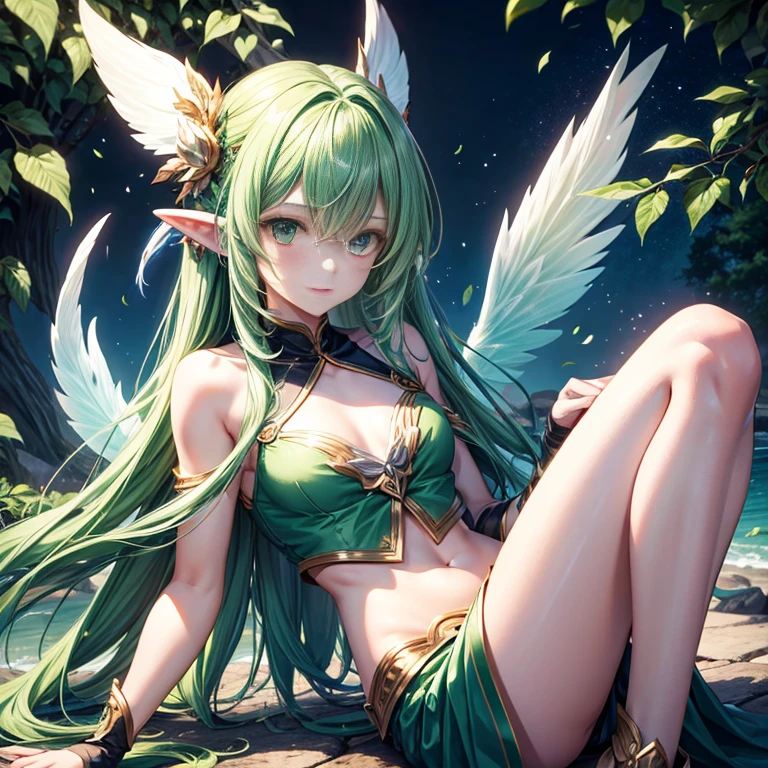 wind spirit, Fae , green, Male ,long hair, Femboy