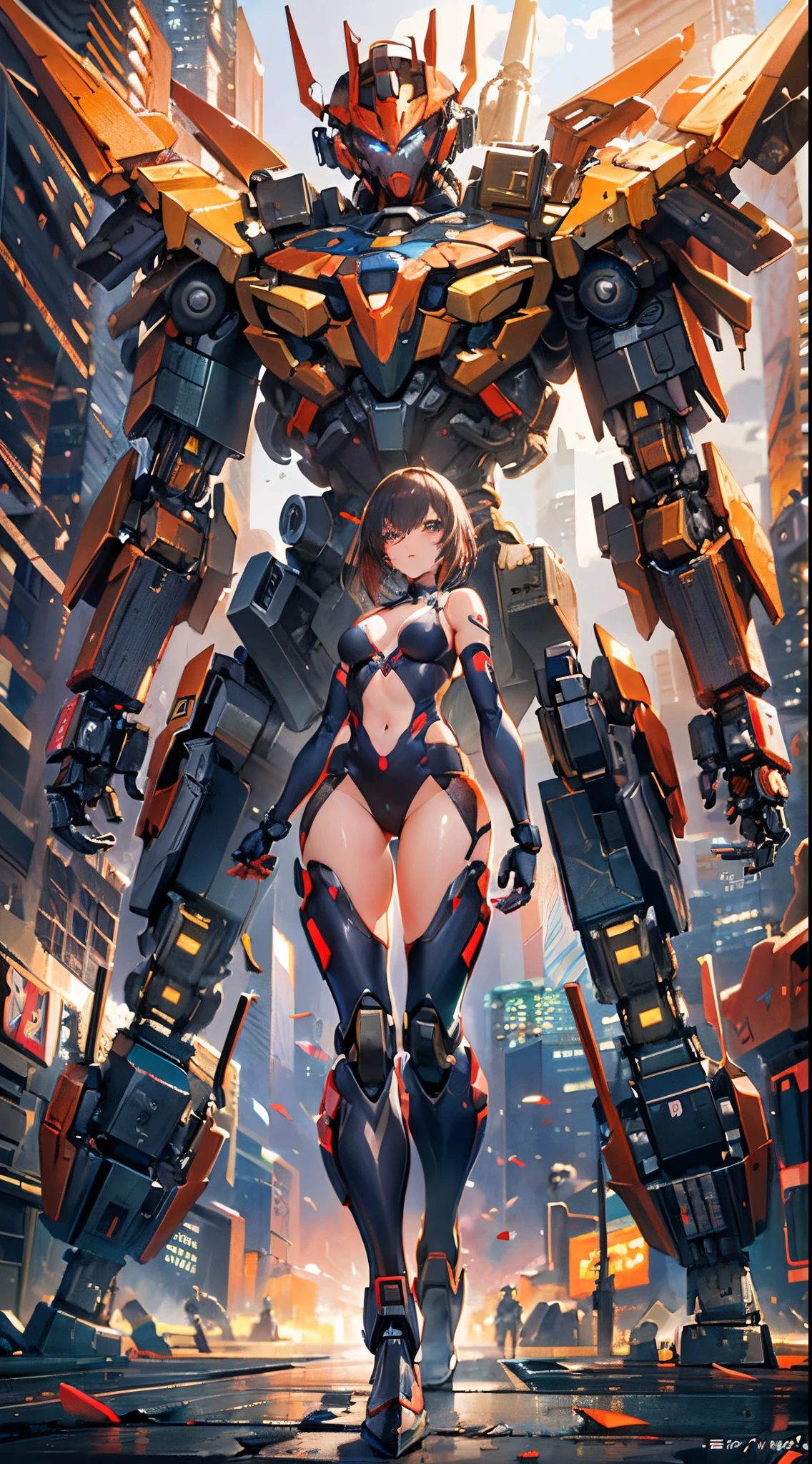 anime girl in a sexy outfit standing in front of a giant robot, cyberpunk anime girl mech, girl in mecha cyber armor, female mecha, modern mecha anime, an anime large mecha robot, best anime 4k konachan wallpaper, mecha anime, anime manga robot!! anime girl, badass anime 8 k, mechanized valkyrie girl