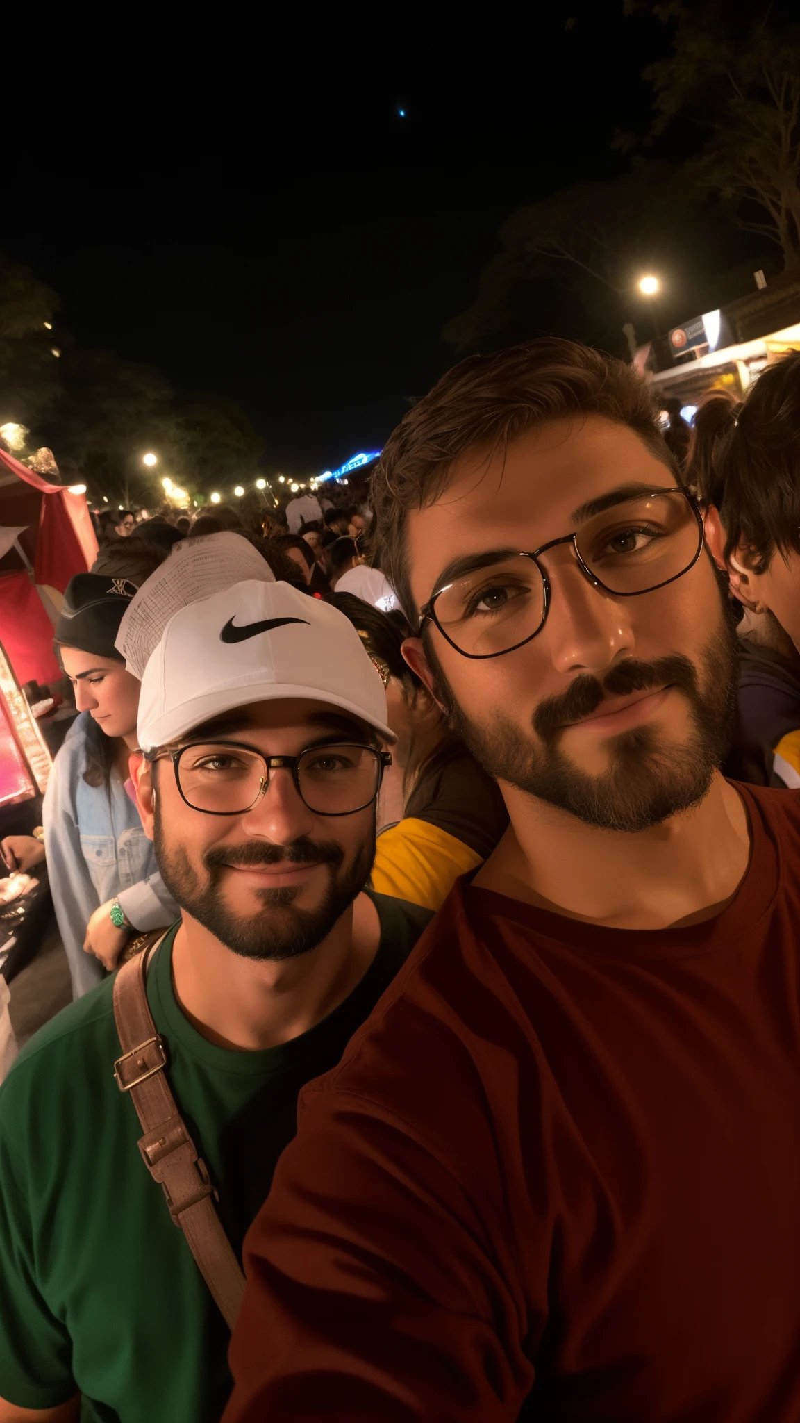 Hay dos hombres uno al lado del otro en un festival., con nerdy! gafas! y perilla, Dos hombres guapos, imagen de muy muy muy baja calidad, Mars Ravelo y Greg Rutkowski, LGBTQ, Foto tomada por la noche, En Sao Paulo, foto realista, foto nocturna, by Nándor Katona, São Paulo - Brazil, Foto de baja calidad