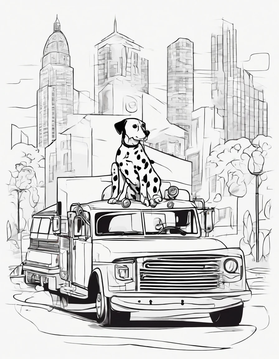 Dalmatian standing next to a firetruck, for coloring page, high quality, black and white, no shading