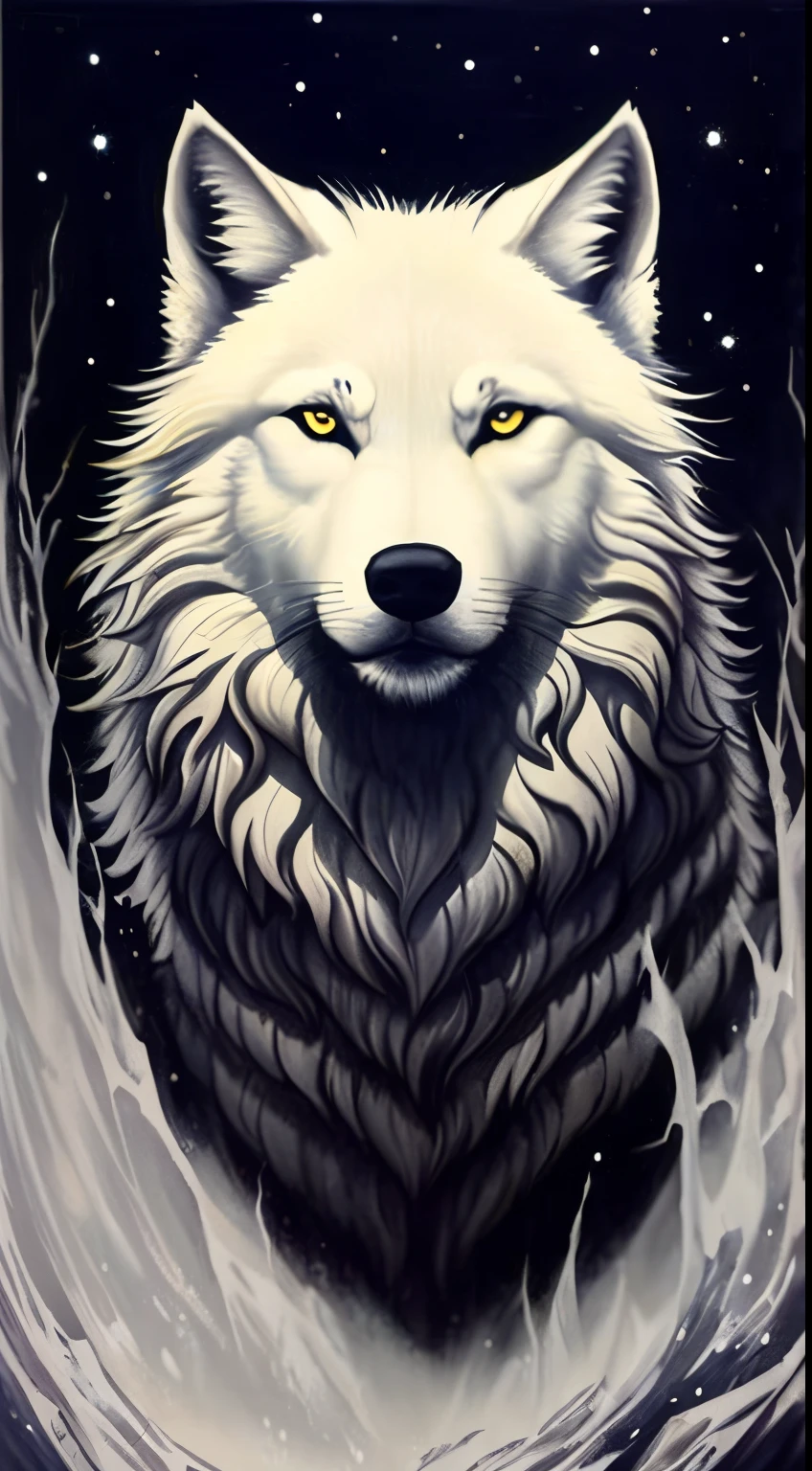 a close-up of a painting of a wolf with a sky background, lobo branco, um lobo branco, retrato do lobo da fantasia, Ele tem olhos de lobo amarelos, lobo, retrato do lobo, grande lobo, alto detalhamento), olhos brancos brilhantes, 3 0, foto de lobo, Lobo branco com olhos azuis, Lobo Dourado, alpha wolf head, 50