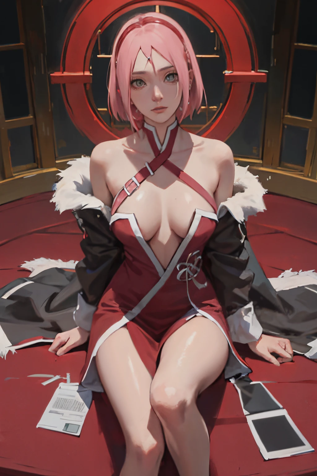 Obra maestra, absurdo, (Detalles intrincados), (De color), cinematic lighting, Fondo de pantalla extremadamente detallado de la unidad CG 8k, 1 girl, senos medianos, Sakura Haruno, Puppy position, Pov, NSFW, provocativo, nervioso, avergonzado, ruboroso, sujetador rosa y bragas.