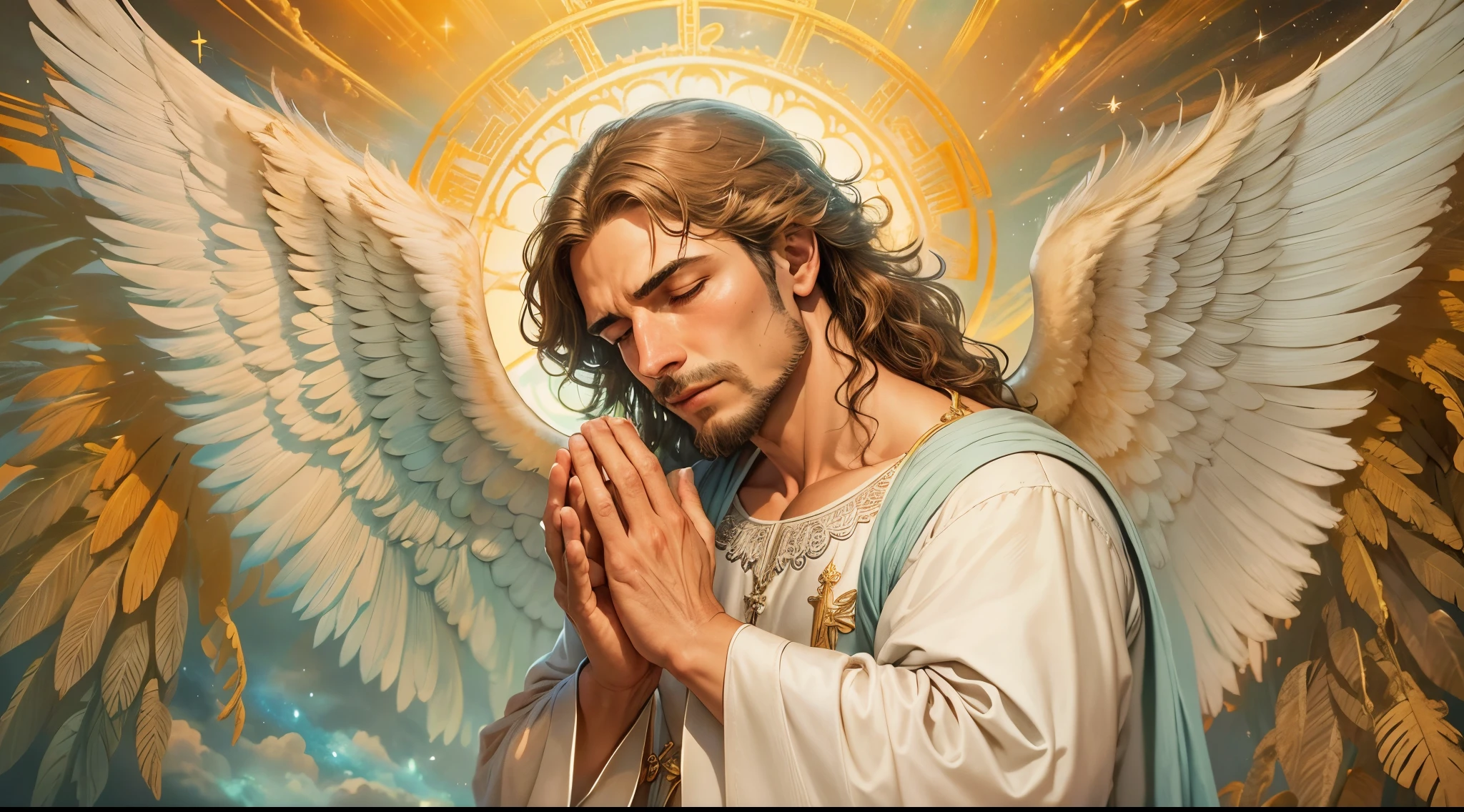Closeup of an image of a man angel praying and blessing, arcanjo homem com asas grandes, o anjo da fortuna, perfeito, Reslistic, Biblical setting, celestial scenery, sol e nuvens ultras realistas, flores e velas, illuminated archangel of heaven, Passes em segundo plano, flores coloridas, velas acesas, roupas brancas e vermelhas