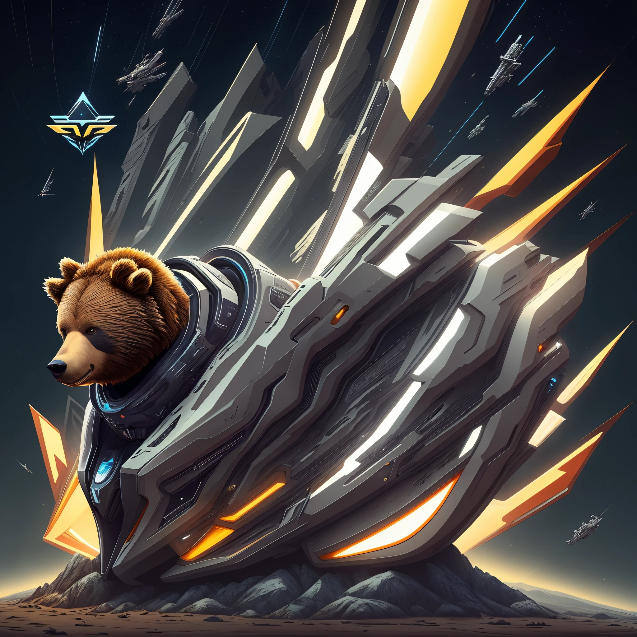 Imagine a sleek, futuristic logo for Twitch featuring a stylized bear with angular lines and a high-tech aesthetic, reminiscent of Star Citizen. The bear, representing Teddokuma, exudes a modern, sci-fi vibe, blending seamlessly with the overall space-themed design.