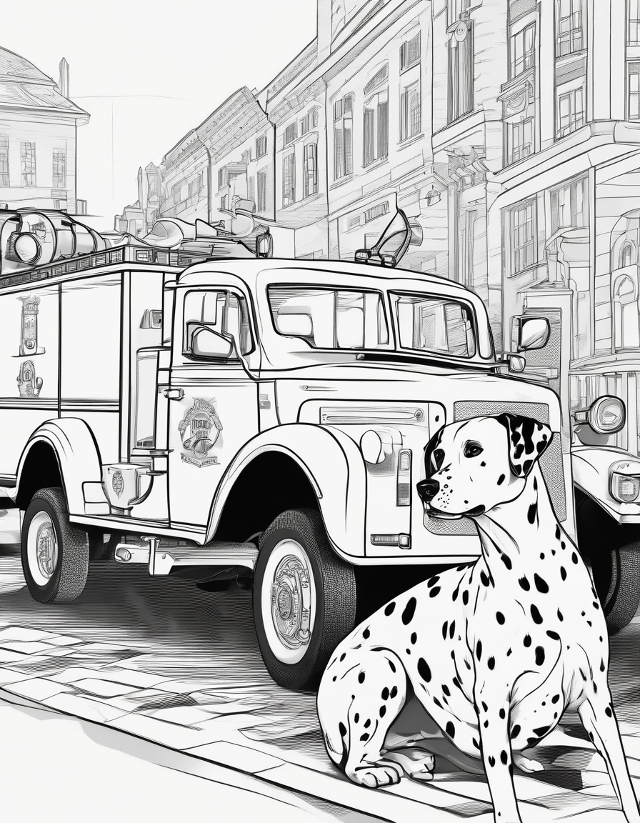 Dalmatian next to a firetruck, for coloring page, high quality, black and white, no shading