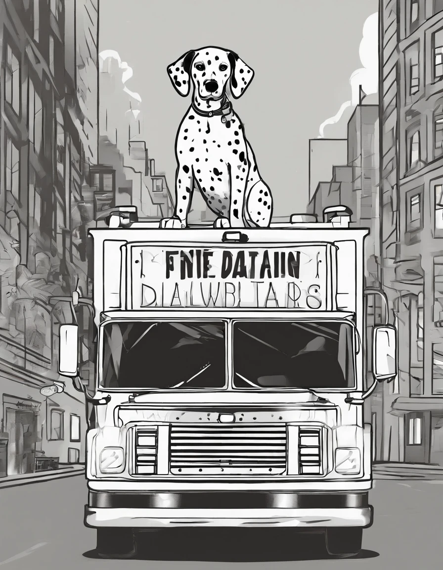 Dalmatian next to a firetruck, for coloring page, high quality, black and white, no shading