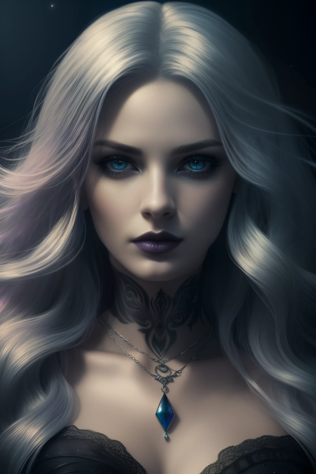 (best quality,4k,8k,highres,masterpiece:1.2),ultra-detailed,(realistic,photorealistic,photo-realistic:1.37),close-up portrait,woman,colourful hair,tattoos,detailed,long wavy hair, piercing eyes,perfectly drawn eyes,feminine features,colorful makeup,rainbow-gradient hair,edgy style,gothic aesthetic,dark clothes,if the Sandman was a woman,if the Grim Reaper was a woman,silver jewelry,flowing garments,dreamy atmosphere,mysterious expression,ethereal beauty,enchanted background,magical aura,soft focus,golden hour lighting,fantasy-inspired artwork