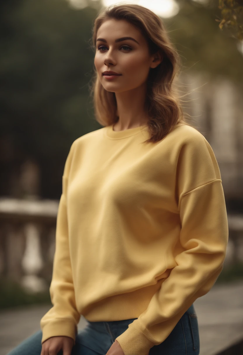 (Masterpiece: 1.3), (8K, Realistic, RAW photo, Best Quality: 1.4), 3d model of a light yellow sweatshirt,  Best Quality, High Resolution, Masterpiece, best detail, 8K, made in a soft style, dreamy quality, feminine exuberance, Matte Photo, without inscriptions and logos