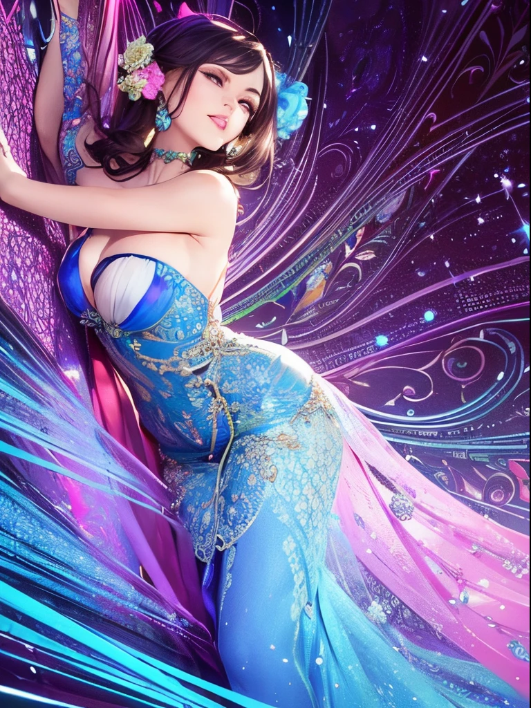 (colorful, vibrant, vivid), (detailed, exquisite, elaborate) background, (soft, warm) lighting, (dazzling, breathtaking) composition, (mesmerizing, captivating) patterns, (dreamlike, surreal) atmosphere, (graceful, elegant) pose, (enigmatic, mysterious) expression, (lush, blooming) flowers, (lush, green) foliage, (delicate, intricate) lace dress, (sparkling, glittering) jewelry, (subtle, soft) shadows, (rich, vibrant) colors, (harmonious, balanced) contrast.