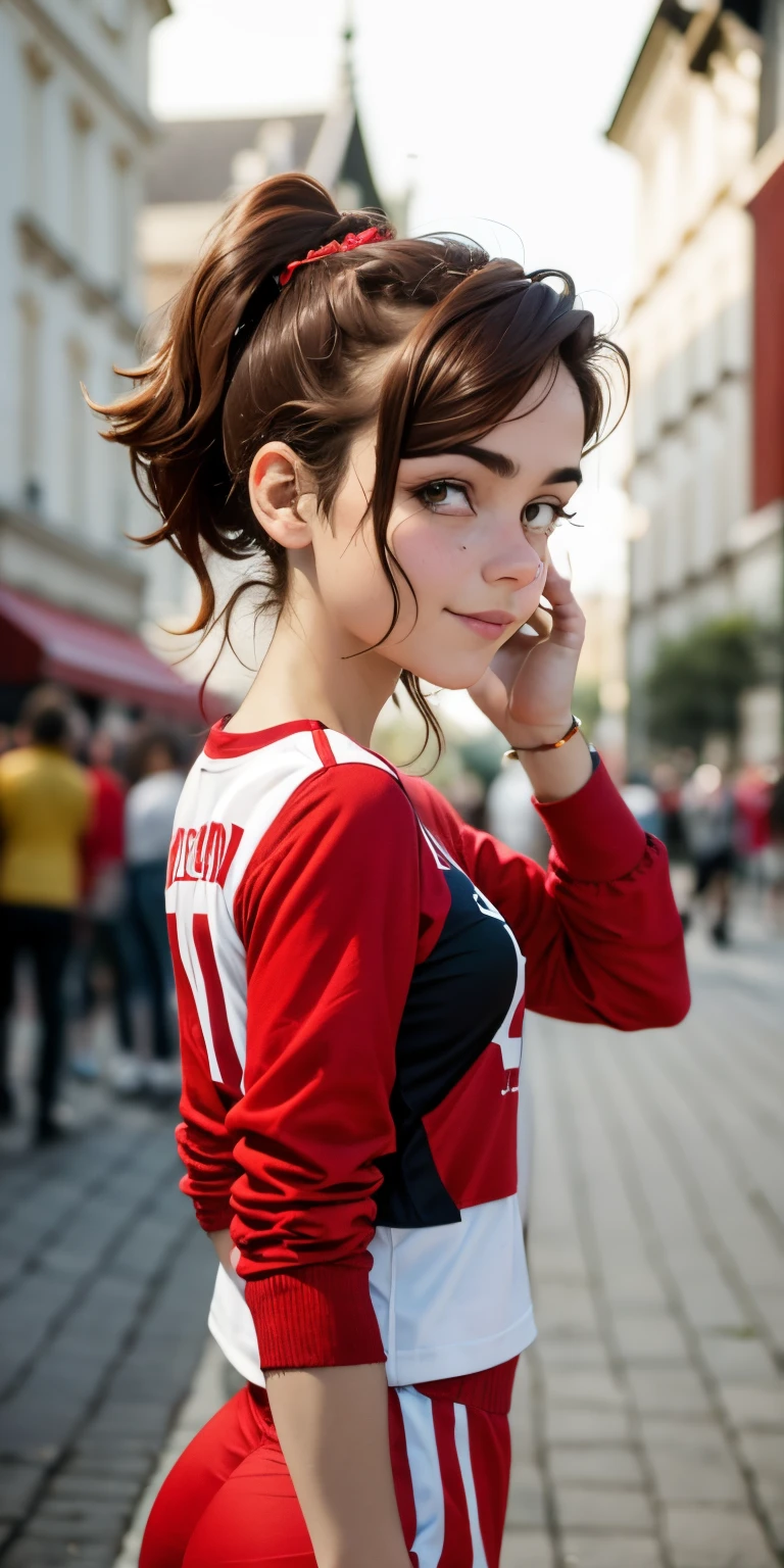 Photo of a 15-year-old European girl, .RAW, beautiful woman, (Light brown hair with ponytail hairstyle ), peinado de cola de caballo ((retrato)), ((Cara detallada:1.2)), ((Detailed facial features)), (Piel finamente detallada), uniforme de basquetbol color rojo , banda roja y blanca al rededor de la cabeza, calzado deportivo  con pecas en mejillas y pecho ,parque, Noria de Londres、ropa reveladora , erotic clothes、senos grandes , pechos grandes , gran sonrisa (cool color), humid, humid, Reflectores, (Masutepiece) (proporciones perfectas)(fotos realistas)(La mejor calidad) (Detallado) fotografiado con una EOS R5 de Canon, Lente de 50 mm, f/2.8, NffSW, (8k) (papel tapiz) (cinematic lighting) (Dramatic lighting) (foco nítido) (Enrevesado) ,  cuerpo completo, hermoso cuerpo de mujer , pose de juego