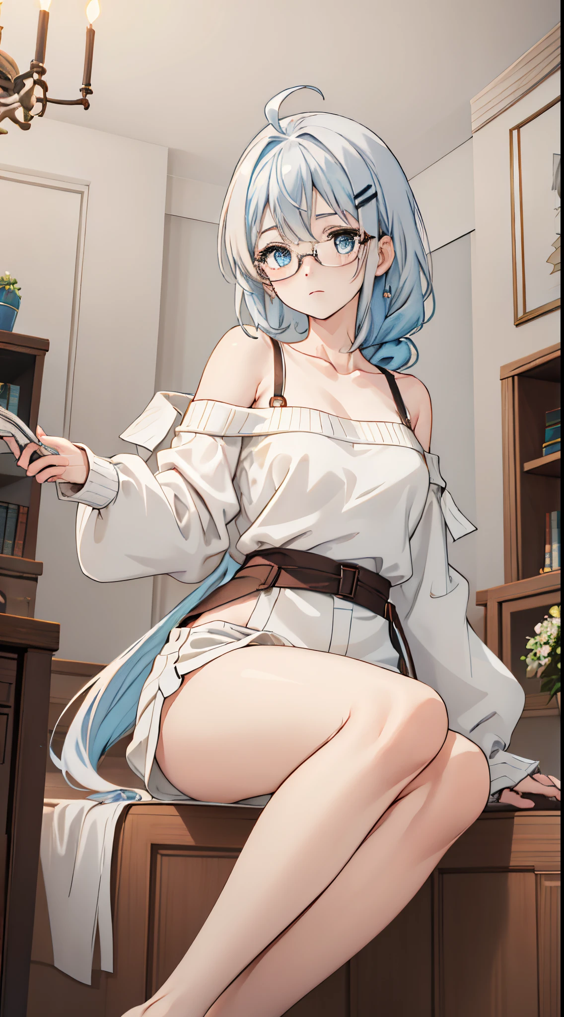 1girl, solo, book, blue eyes, long hair, sitting, white hair, glasses, braid, shorts, ahoge, hair ornament, off shoulder, holding, blue hair, indoors, looking at viewer, white hair, thighs, sweater, bare shoulders, bookshelf, reading, long sleeves, closed mouth, holding book, long hair, hair between eyes, couch, single braid, bare legs, open book, heterochromia, braided ponytail, hairclip, collarbone,from below:1.1