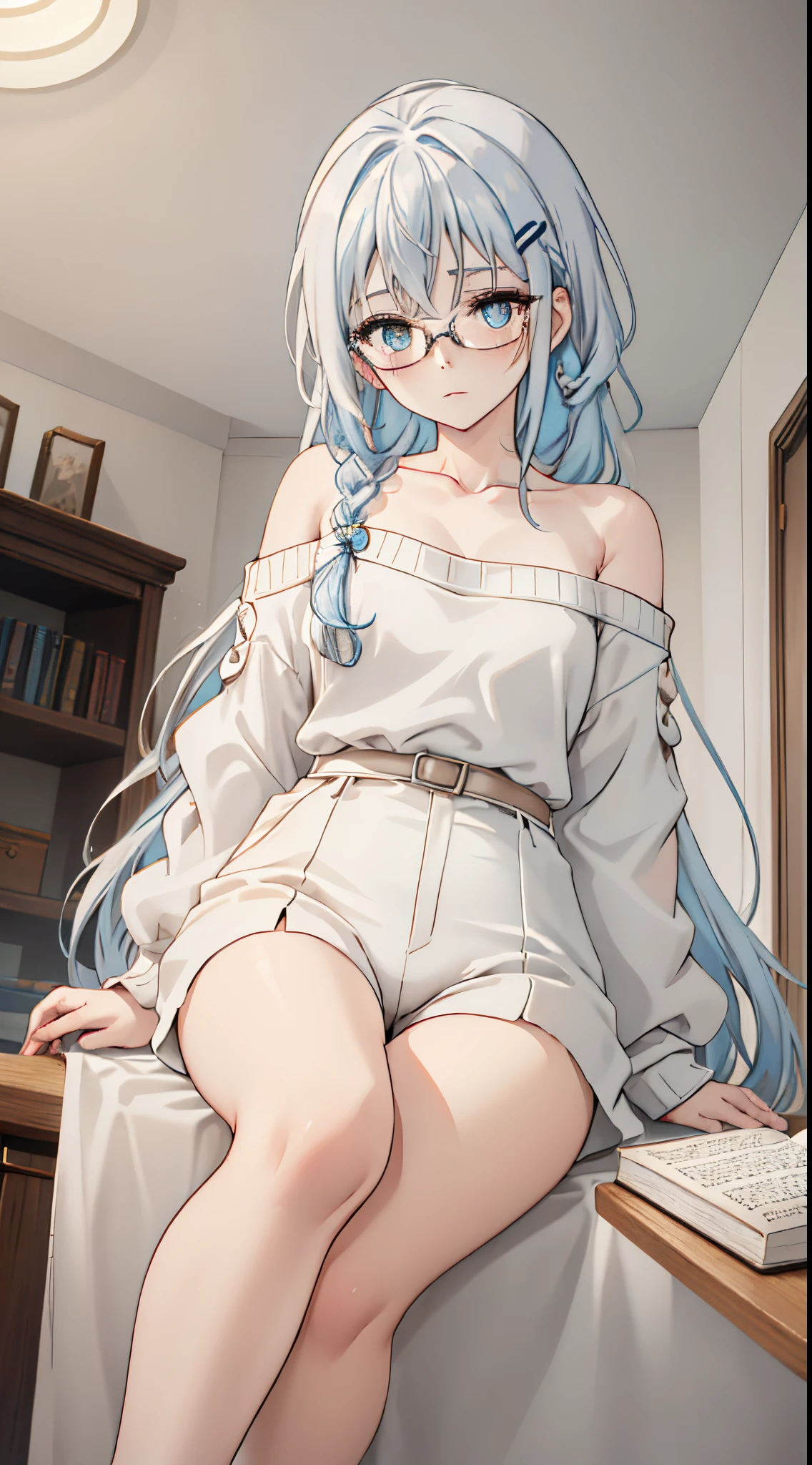 ((((Obra maestra, La mejor calidad, ultrahigh resolution)))), 1girl, no bra, black bikini, exposed breast, pink nipples, blushing, naked top, naked, sexy anime girl  laying on a bed and  taking a  up her , grey hair, breasts, nipples, hetero, thighhighs, , grey hair, black eyes, long hair, glasses, navel, vaginal, completely naked, all nude 