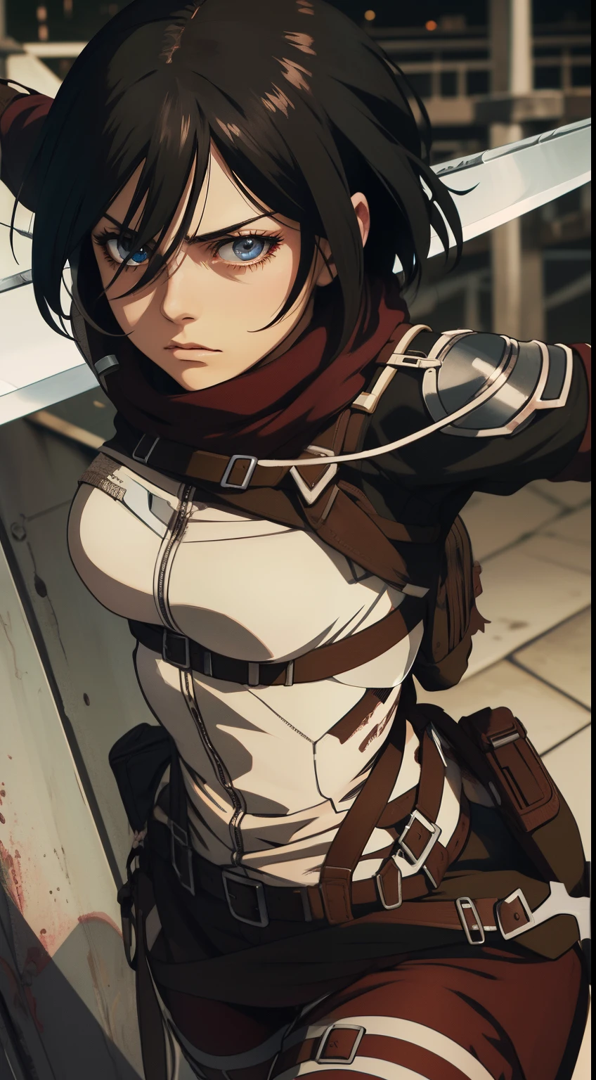 Woman showing her、glares、1girll, Solo, (masutepiece), Best Quality, Ultra-detailed, Mikasa Ackerman,in fighting,Wielding a knife