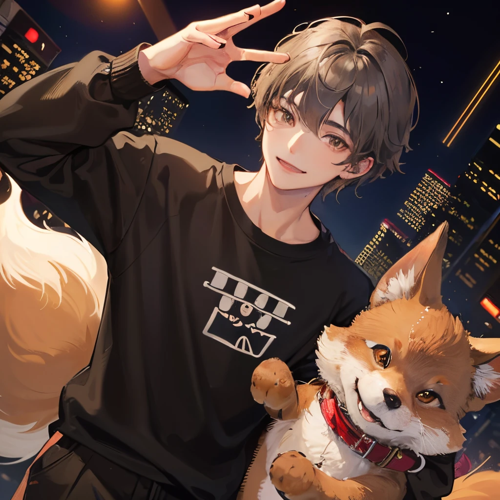 big brown fox,20 year old man wearing a small gold crown(Dark silver hair)(Brown eyes),carry a fox,Black T-shirt,slacks,Night city,A smile,With the fox