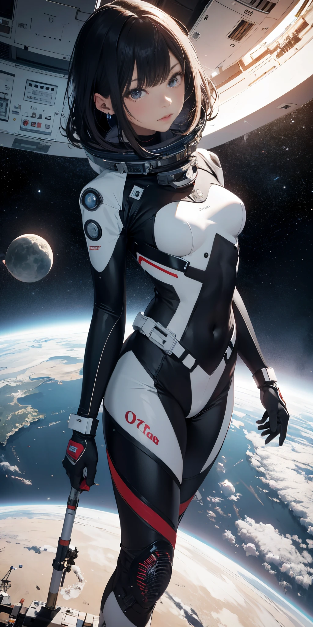 absurd resolution, alta resolução, (obra-prima:1.4), ultra-detalhada, 1girl, in black technological space suit, visto de cima, outer space, flutuando, satellite, corrida pose, wide-angle lens distortion