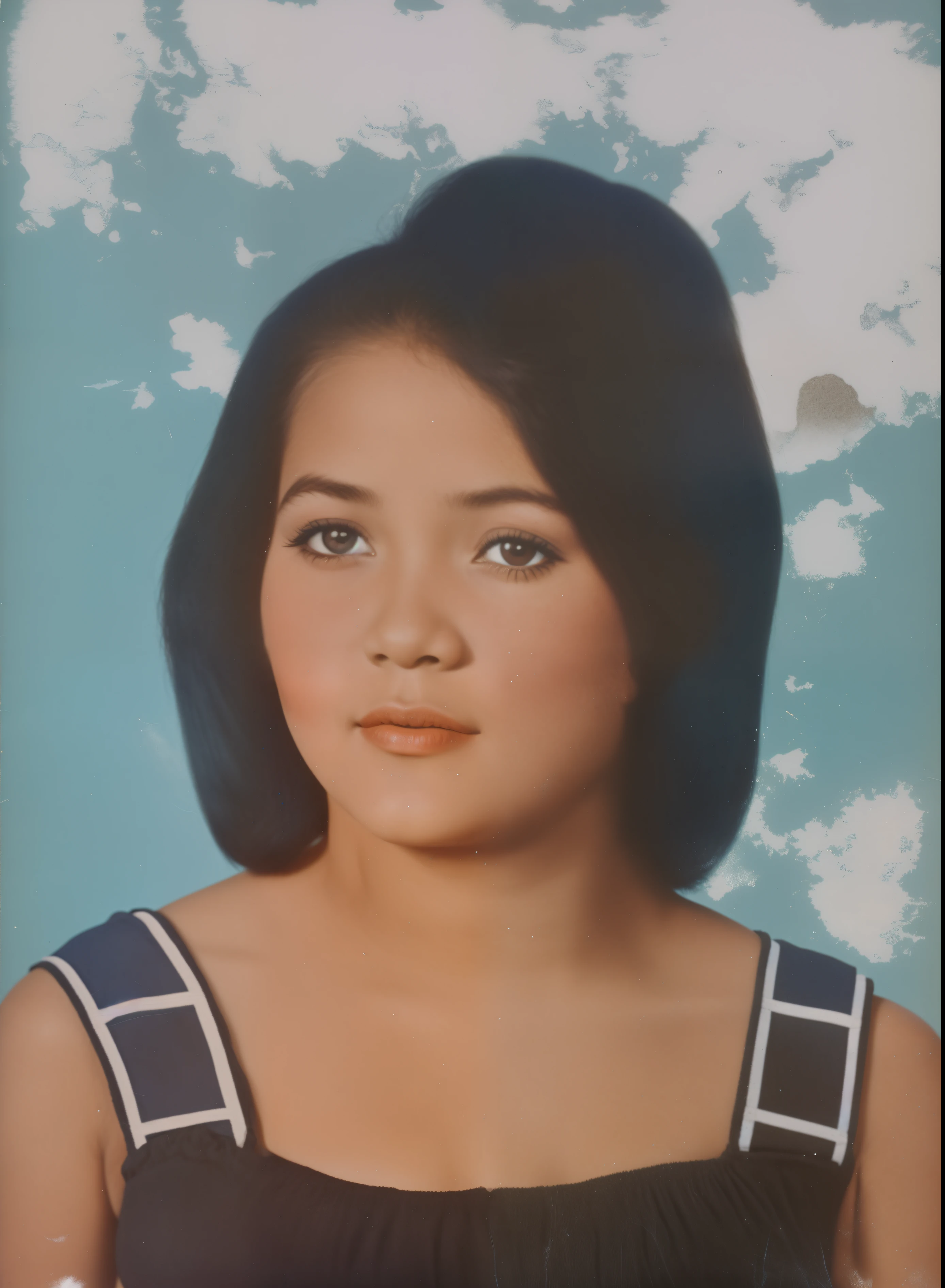 foto arafada de uma mulher com um vestido preto e fundo azul, old book photo, Filipinas dos anos 1970, Foto de uma mulher, imagem antiga, 2 5 anos, em torno de 1 9 anos, foto antiga, 13 anos, em seus primeiros 3 0, Potrait, foto granulada de uma mulher feia, final 1 9 6 0 anos