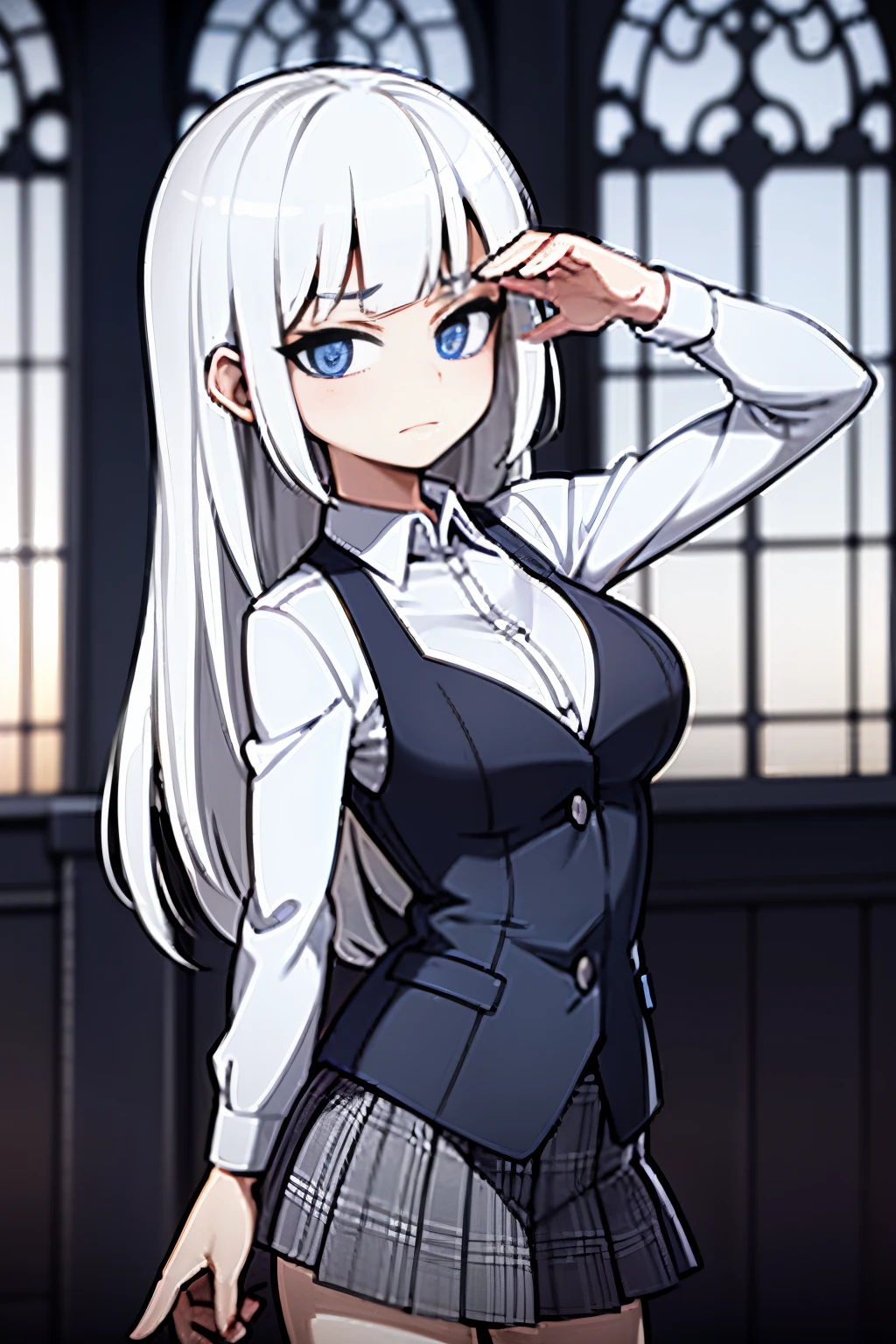 Young girl, white hair, blue eyes, shy face, japanese student outifts, plaid skirt, looking at viewer, in a cathedral, dark stmosphere, grey filter, blue vitral in background, white cathedral