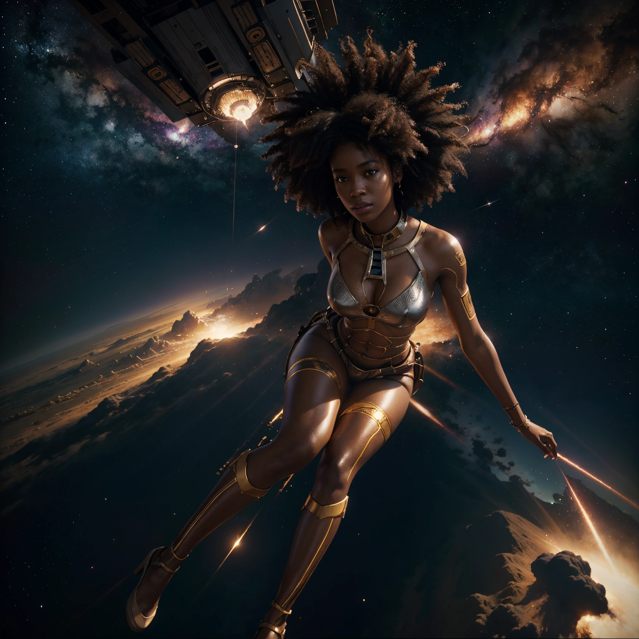 afro-anime art POV shot of African woman in an ascending rocket ship, leaving earth, sci-fi art, cosmic art, afro anime style, black anime, 32k, ultra HD, unreal engine rendered, hyper-realistic image, cinematic lighting