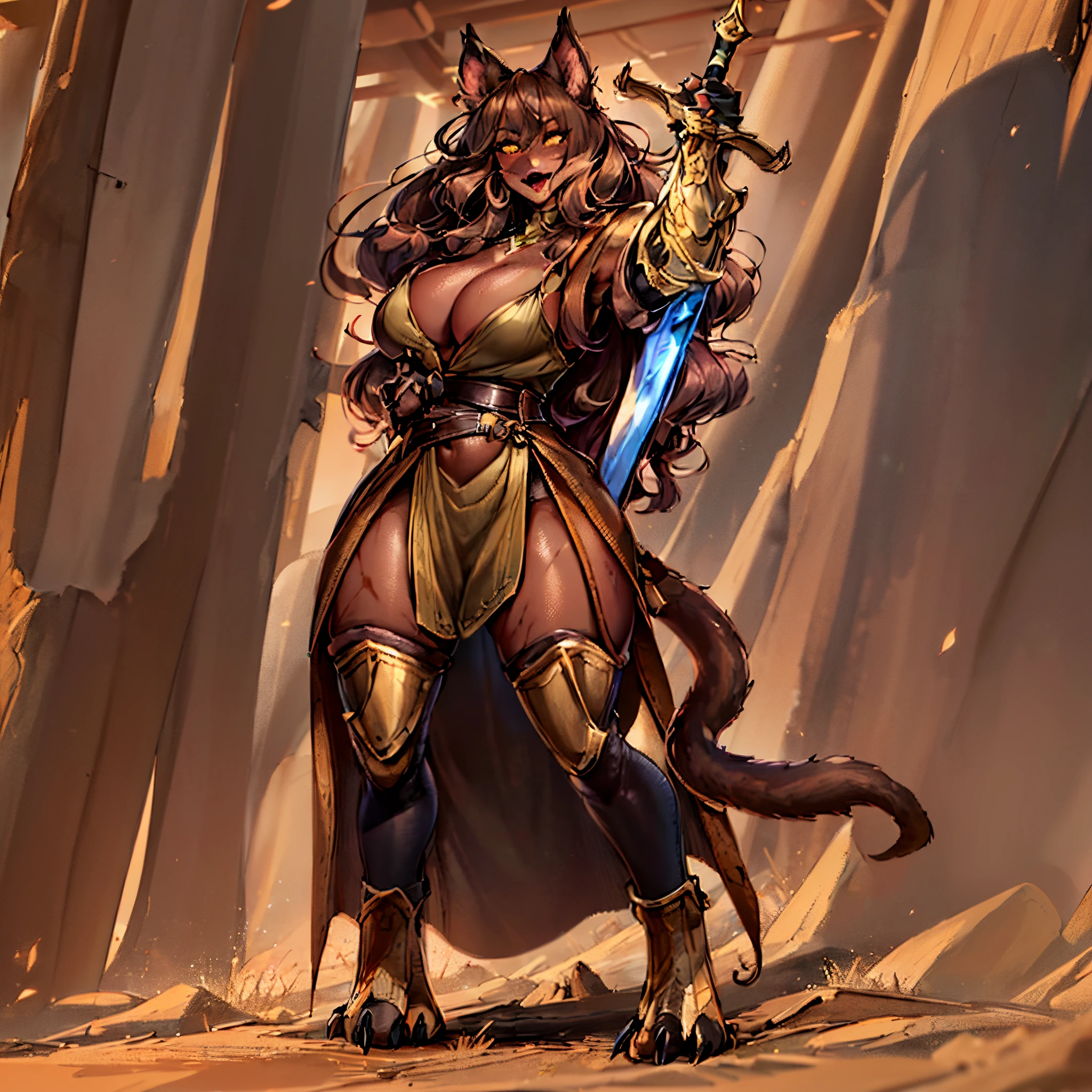 masterpiece, best quality, highres, tabaxi :: rogue, d&d character commission, (dark brown furr:1), tiefling from d & d, (anthropomorphic female cat:1.4), d & d style full body portrait, 1girl, solo, beautiful, (extremely detailed perfect face:1), (leftclaw holding sword:1.5), thighs, (animal Digitigrades:1.5), sandals, (long brown pelvic curtain made of leather:1.4), leg armor, metal greaves, forest floor, blue moon, temple area