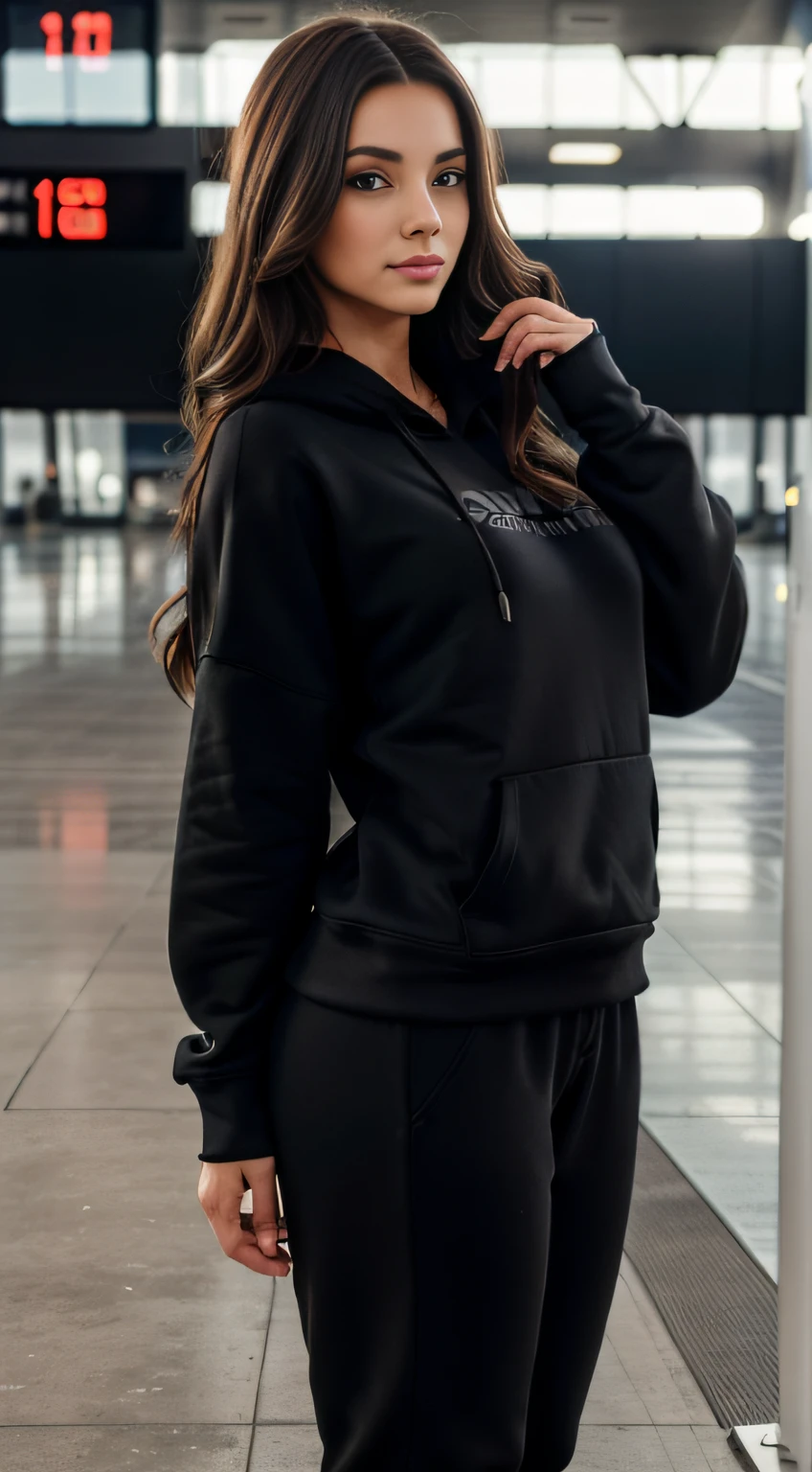 large breasts woman, brunette long_hair, gorgeous, city girl, wearing a big oversized black pullover sweatshirt hoodie and black yoga pants skintight, daytime, standing on a airport runway, (masterpiece), best quality, high resolution, extremely detailed, blurred background, depth of field, cinematic lighting,