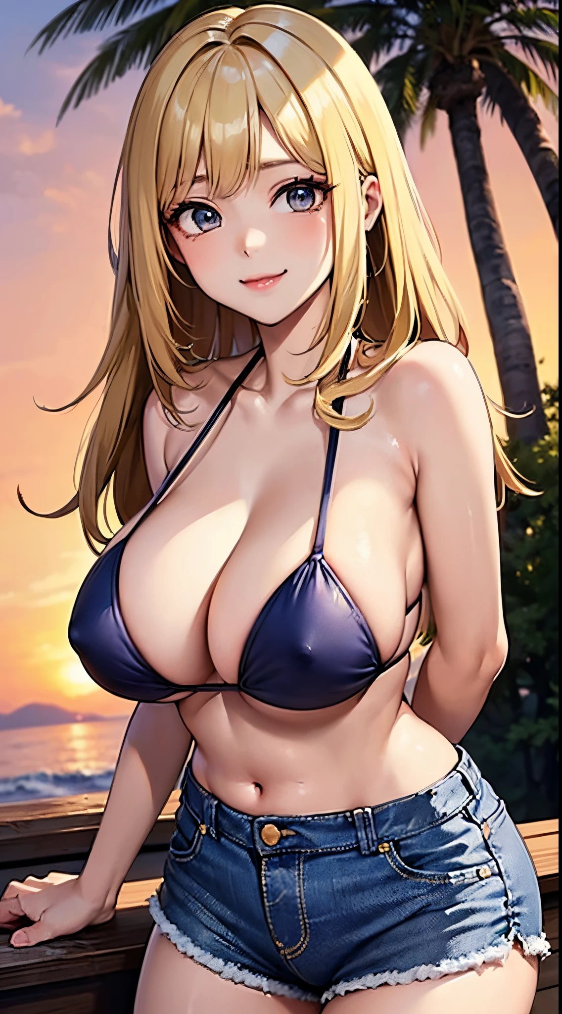 top-quality))、((masterpiece)、skin gloss、Face Real、 girl、Blonde straight hair、(Super close-up view of a super tall tree looking up from underground)、(Amber opaque breast bikini)、wearing denim shorts。sexy pose、Breasts enlarged、Sunset、A slight smil、