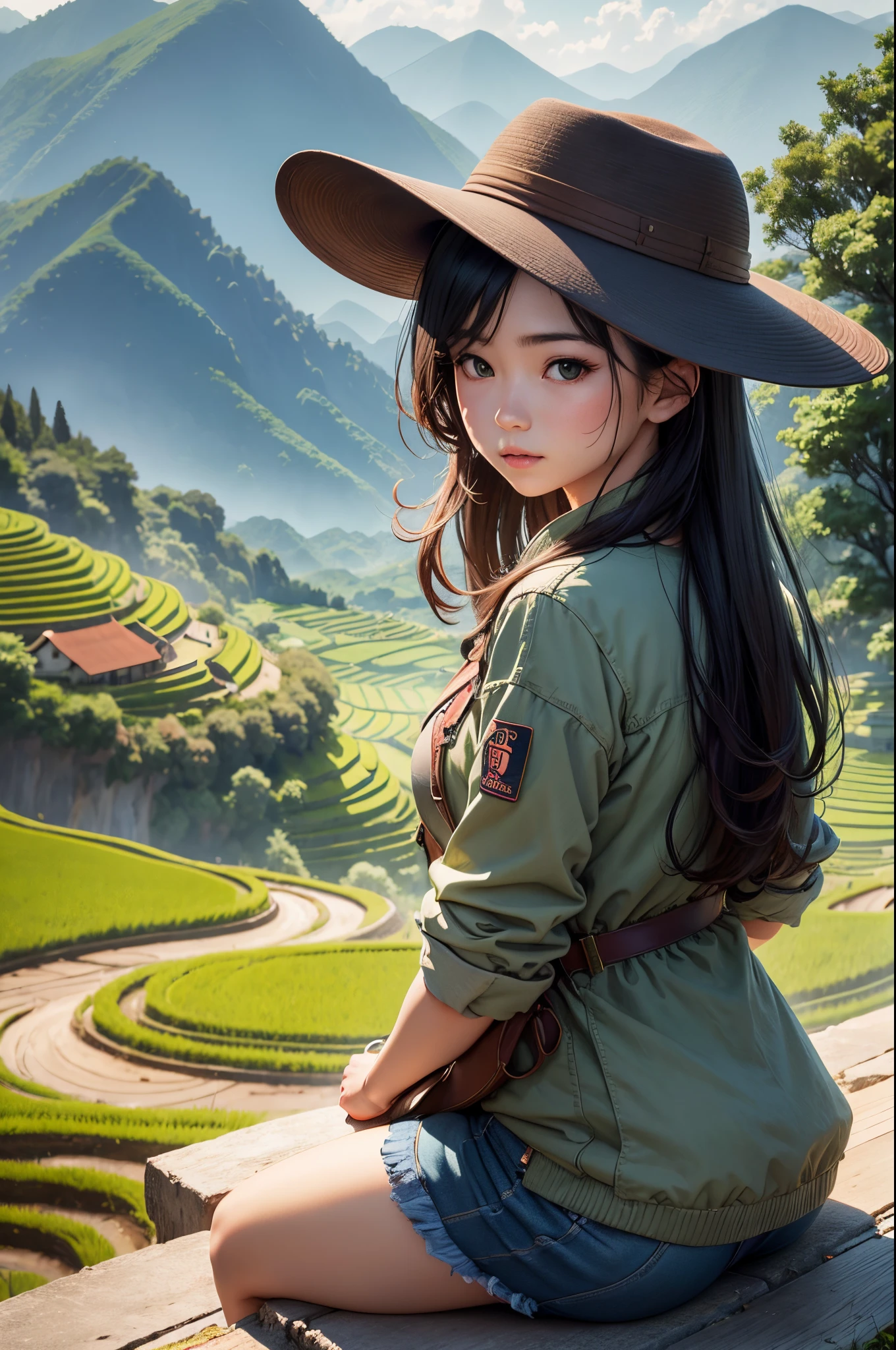(absurdres, highres, ultra detailed, beautiful, masterpiece, best quality, )1 girl  , half body shot,  BREAK Terraced rice fields, rural villages, green landscapes, traditional farming, mountainous backdrops, peaceful atmosphere, BREAK Comfortable clothing,  hat, sunscreen, light jacket,