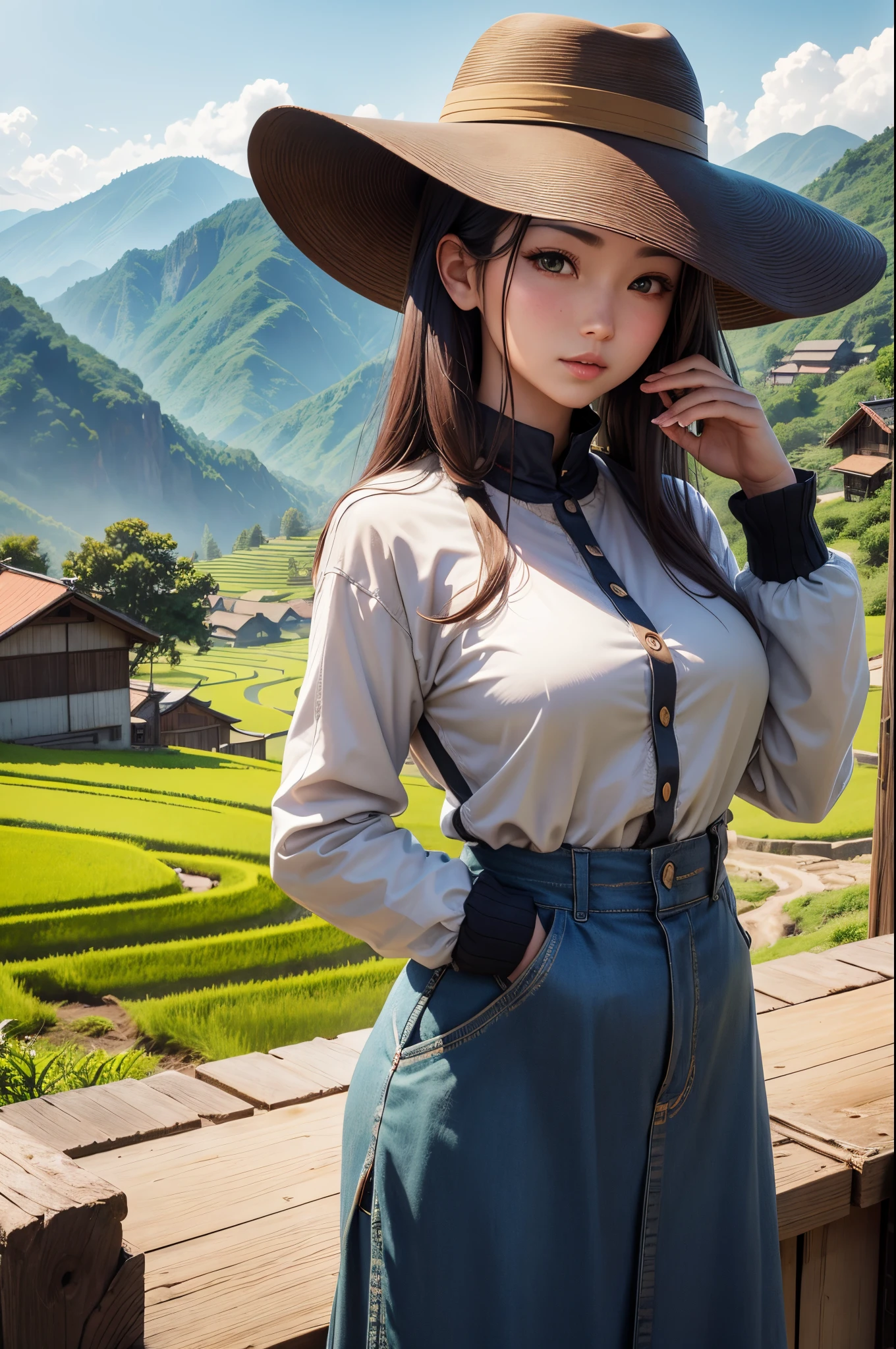 (absurdres, highres, ultra detailed, beautiful, masterpiece, best quality, )1 girl  , half body shot,  BREAK Terraced rice fields, rural villages, green landscapes, traditional farming, mountainous backdrops, peaceful atmosphere, BREAK Comfortable clothing,  hat, sunscreen, light jacket,
