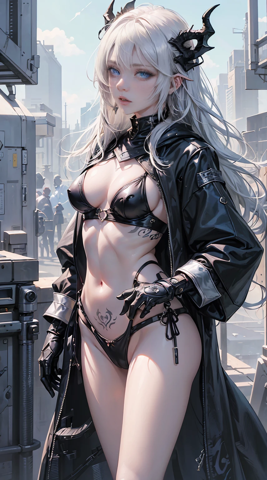 8K, realistic, Ultra High Definition, Super detailed, young girl of 18 years, Shiny detailed hair, dragon ears, detailed face, dragon features, fantasy landscape, solo, looking at viewer, {{best quality}}, {{masterpiece}}, {{ultra-detailed}}, {detailed light}, ultra high quality eyes, detailed eyes, perfect eyes, large eyes, blue eyes, sexy tattoo, white hair, long hair, metallic dragon horns, beautiful earrings, beautiful, skinny body, white skin, slutty, erotic, blushing, open mouth, standing in suggestive pose, ((nsfw))