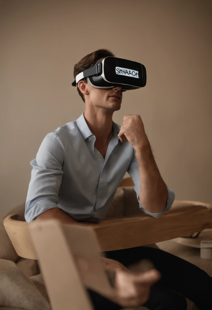 A photo of Spiegel, man, wearing a virtual reality headset and holding a prototype of a new Snapchat feature, (man:1.2),original,Evan Spiegel, white male, short brown hair, cleft chin
